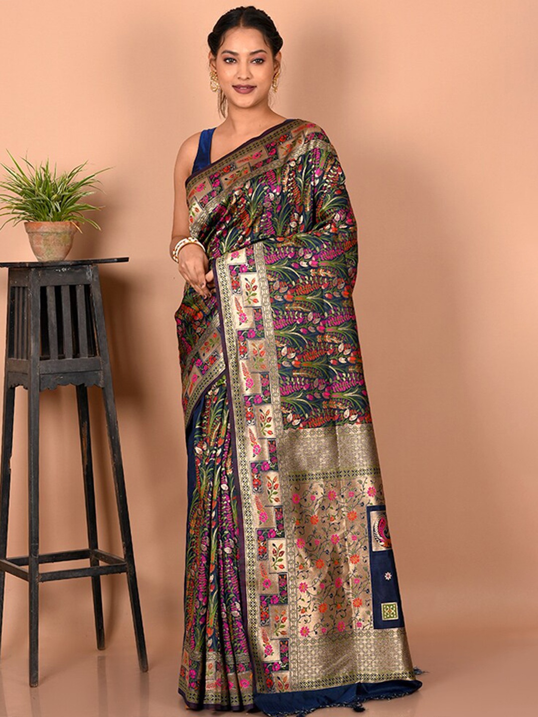 

AllSilks Blue & Gold-Toned Woven Design Zari Silk Blend Saree