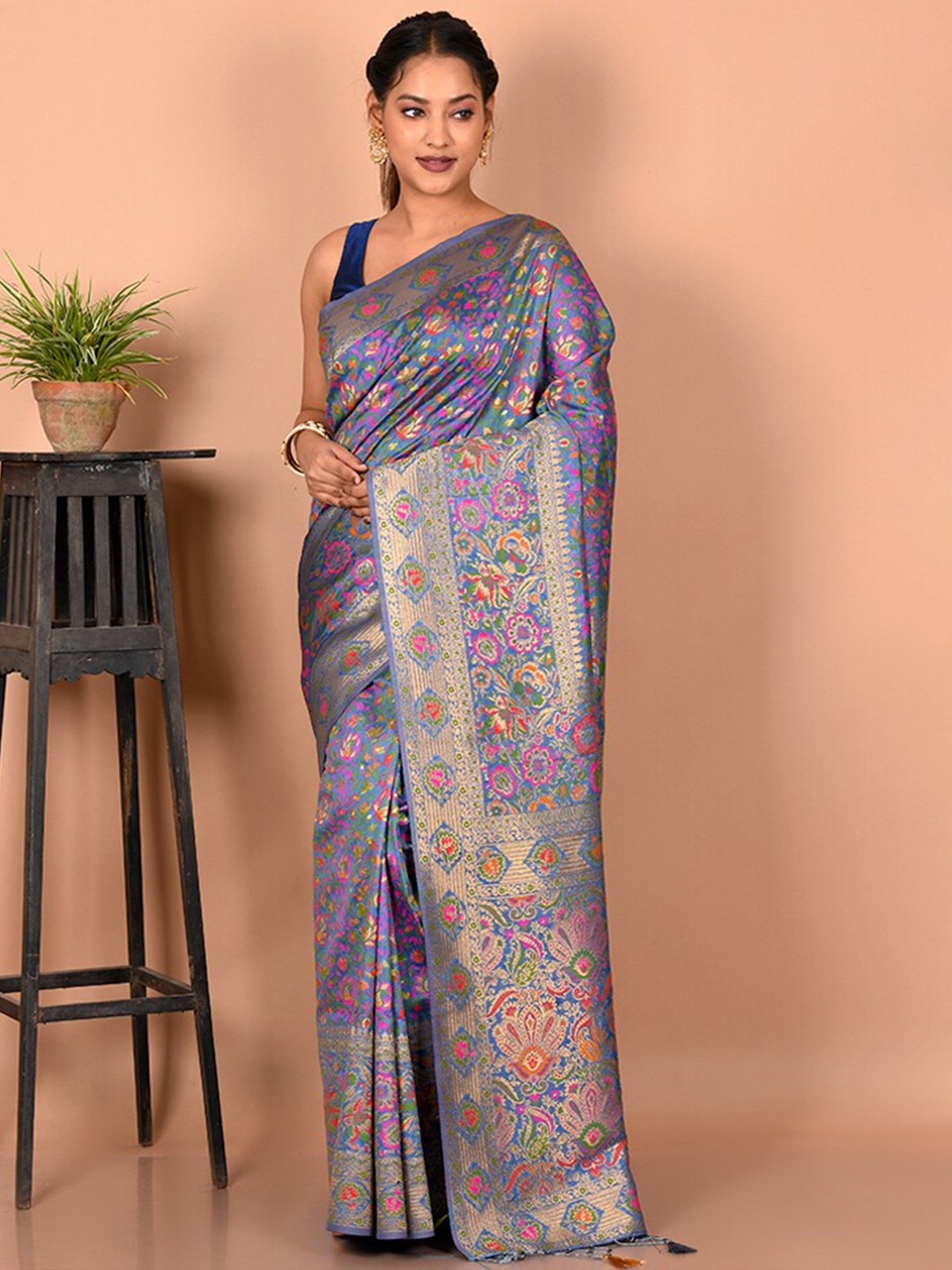

AllSilks Woven Design Zari Silk Blend Saree, Blue