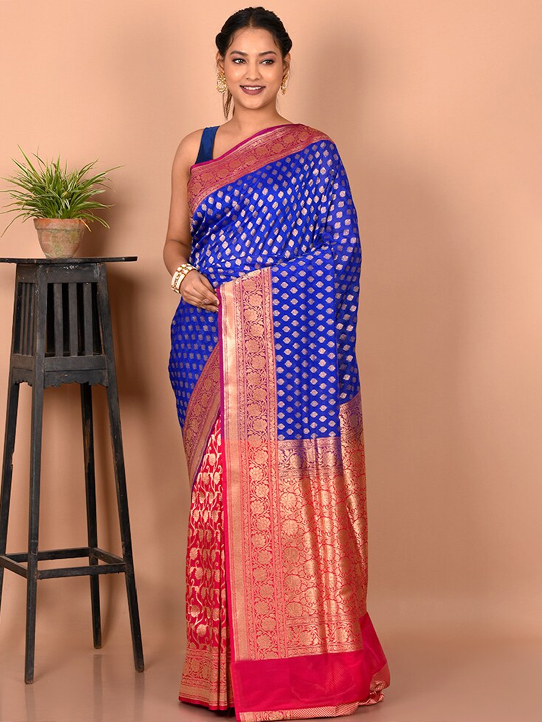 

AllSilks Blue & Pink Woven Design Zari Silk Blend Uppada Saree