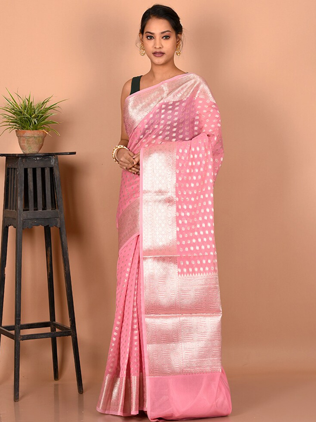 

AllSilks Pink & Silver-Toned Woven Design Zari Silk Blend Saree