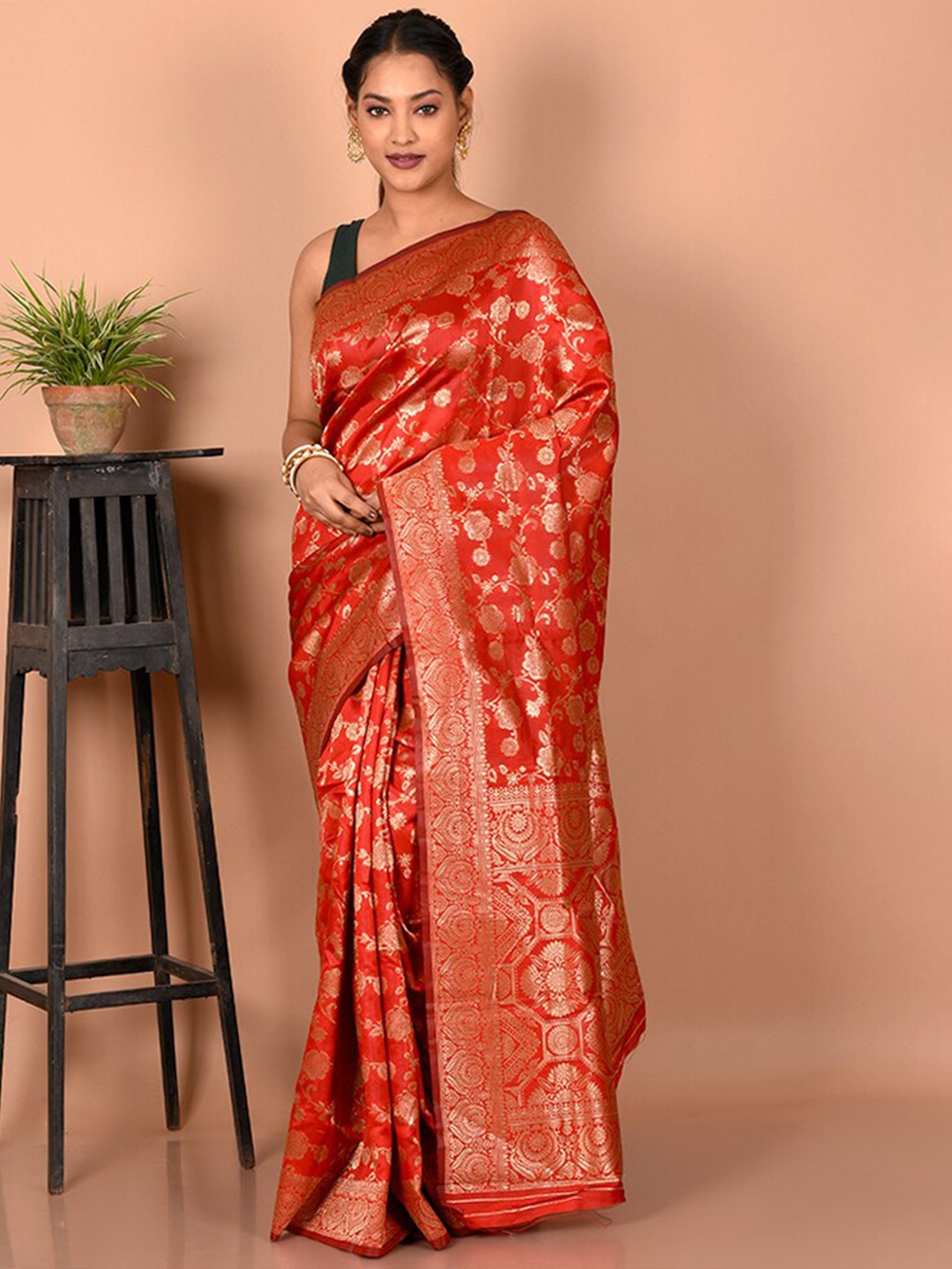 

AllSilks Woven Design Zari Silk Blend Saree, Red