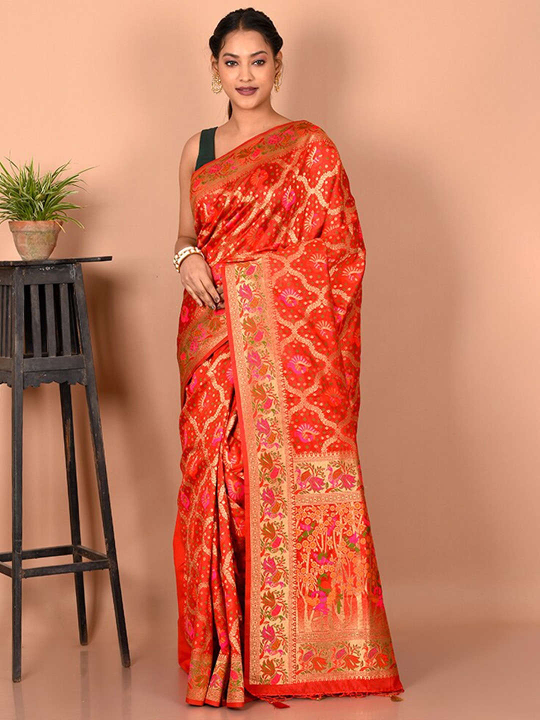 

AllSilks Woven Design Zari Silk Blend Saree, Red