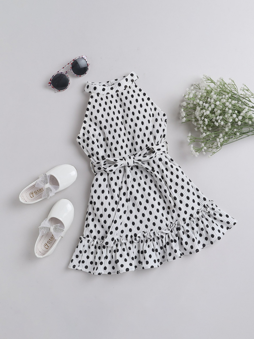 

taffykids Girls Polka Dots Printed Halter Neck Dress, White