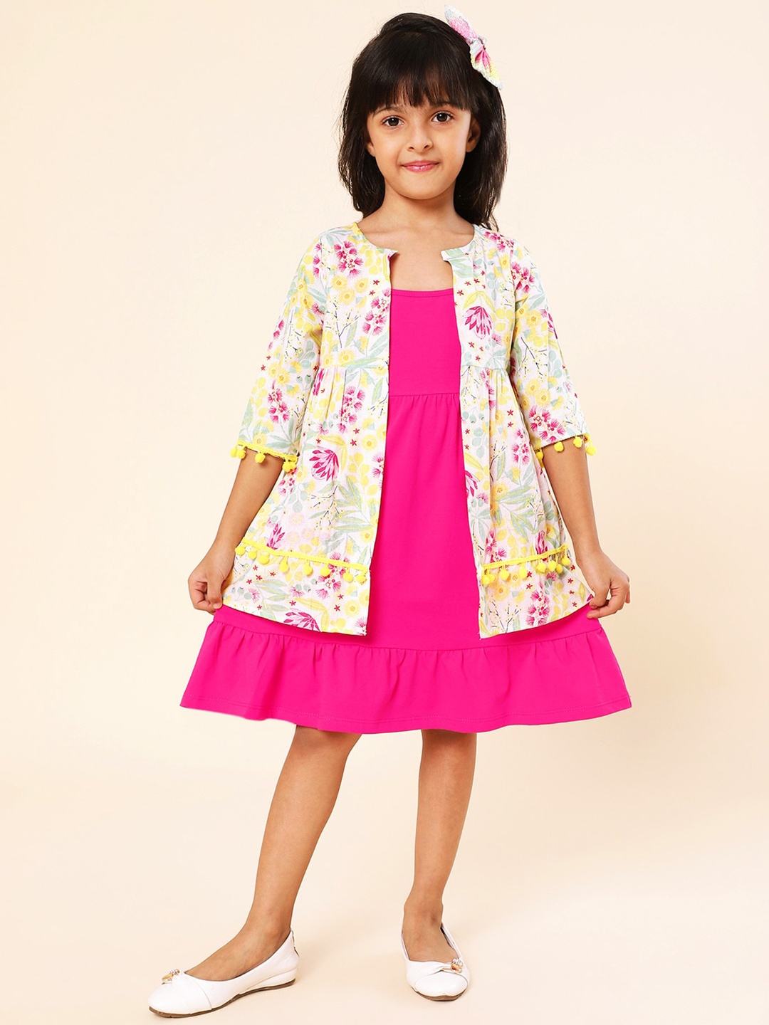 

A.T.U.N. Girls A-Line Pure Cotton Dress With Shrug, Fuchsia