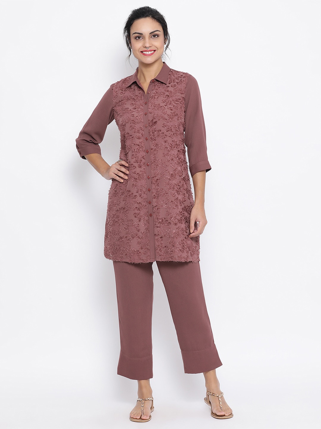 

LELA Women Floral Embroidered Kurti With Palazzos, Rust