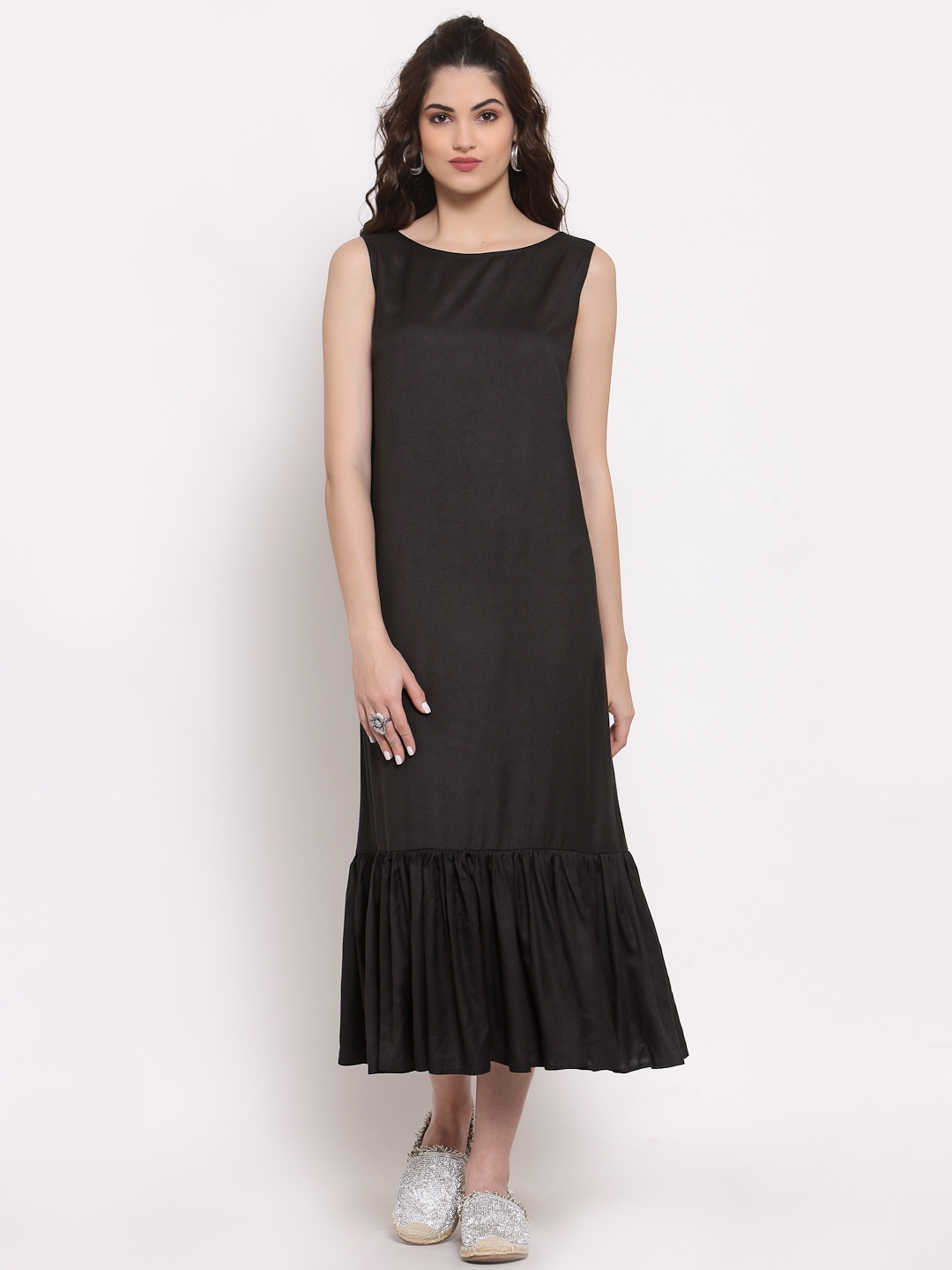 

LELA Boat Neck Sleeveless A-Line Midi Dress, Black