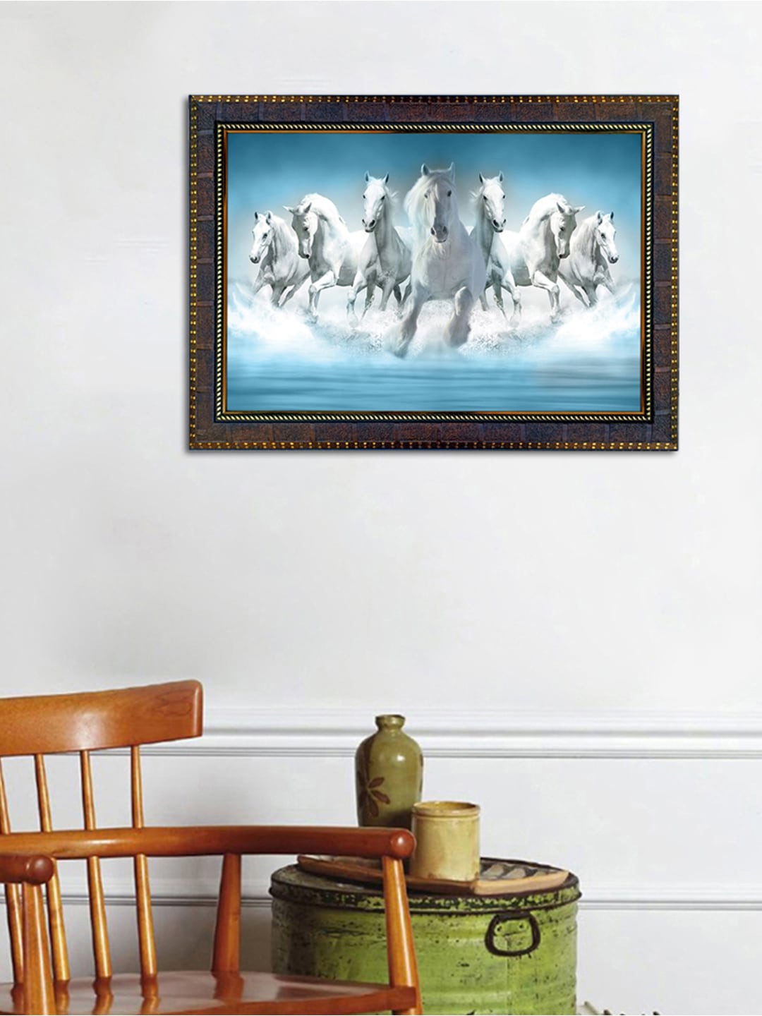 

WENS Brown & Blue Vastu Seven Running Horses Painted Framed Wall Art