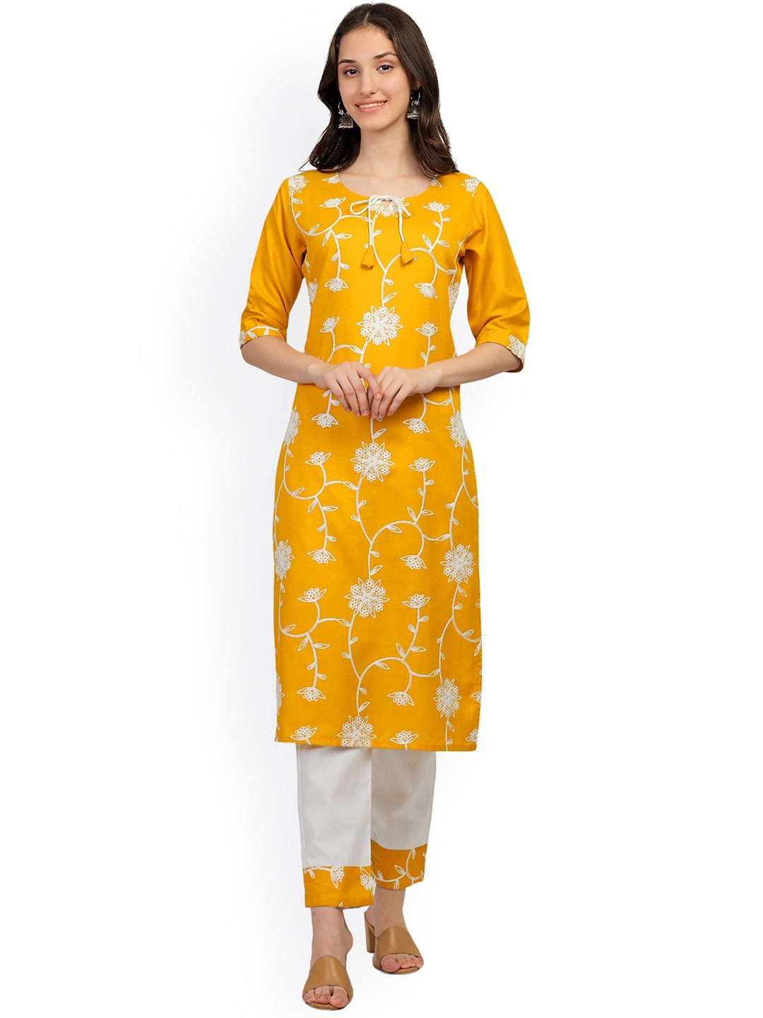 

FEMMIBELLA Floral Embroidered Thread Work Kurta with Trousers, Mustard