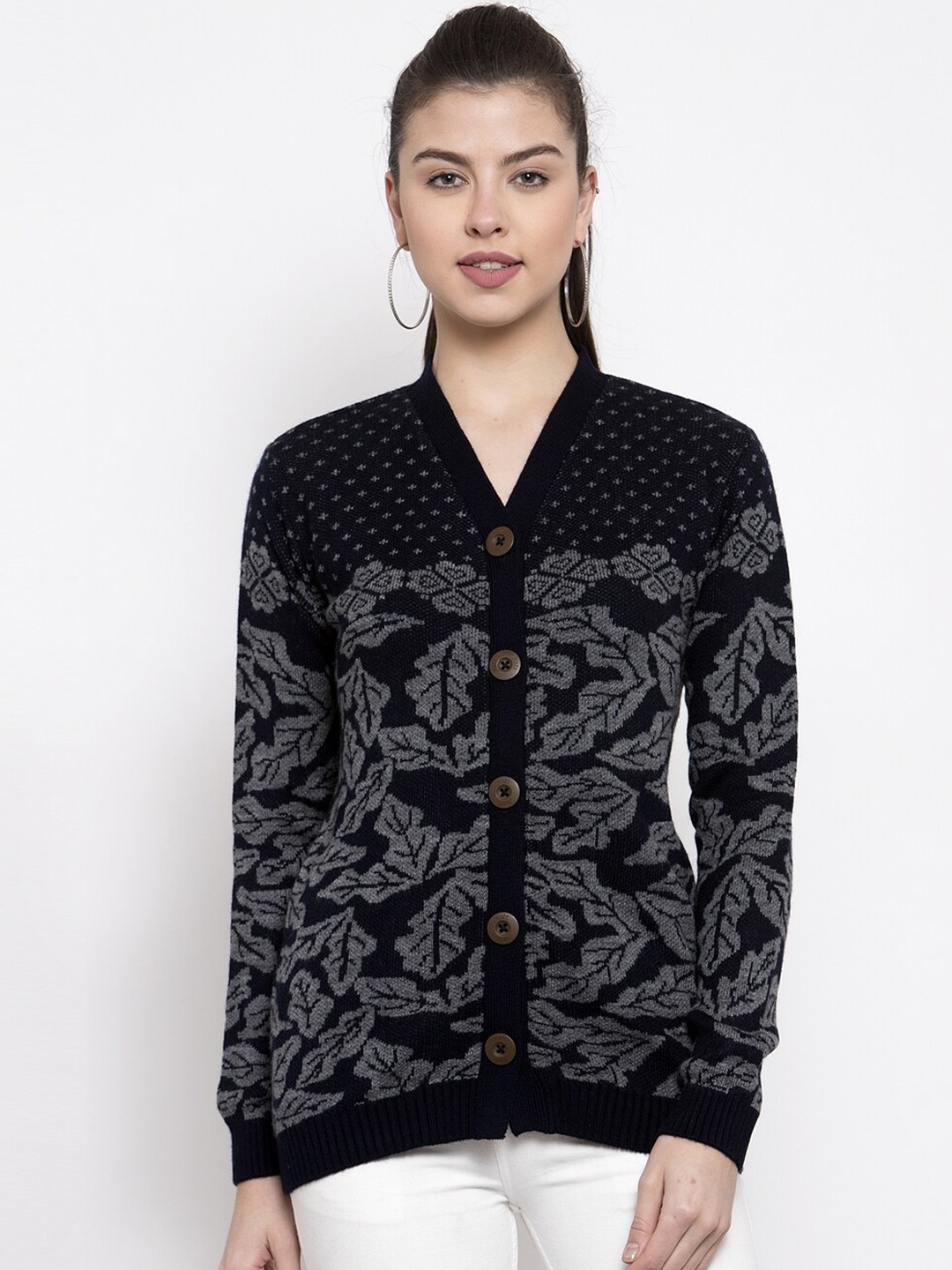 

Kalt Women Floral Self Design Acrylic Cardigan, Black