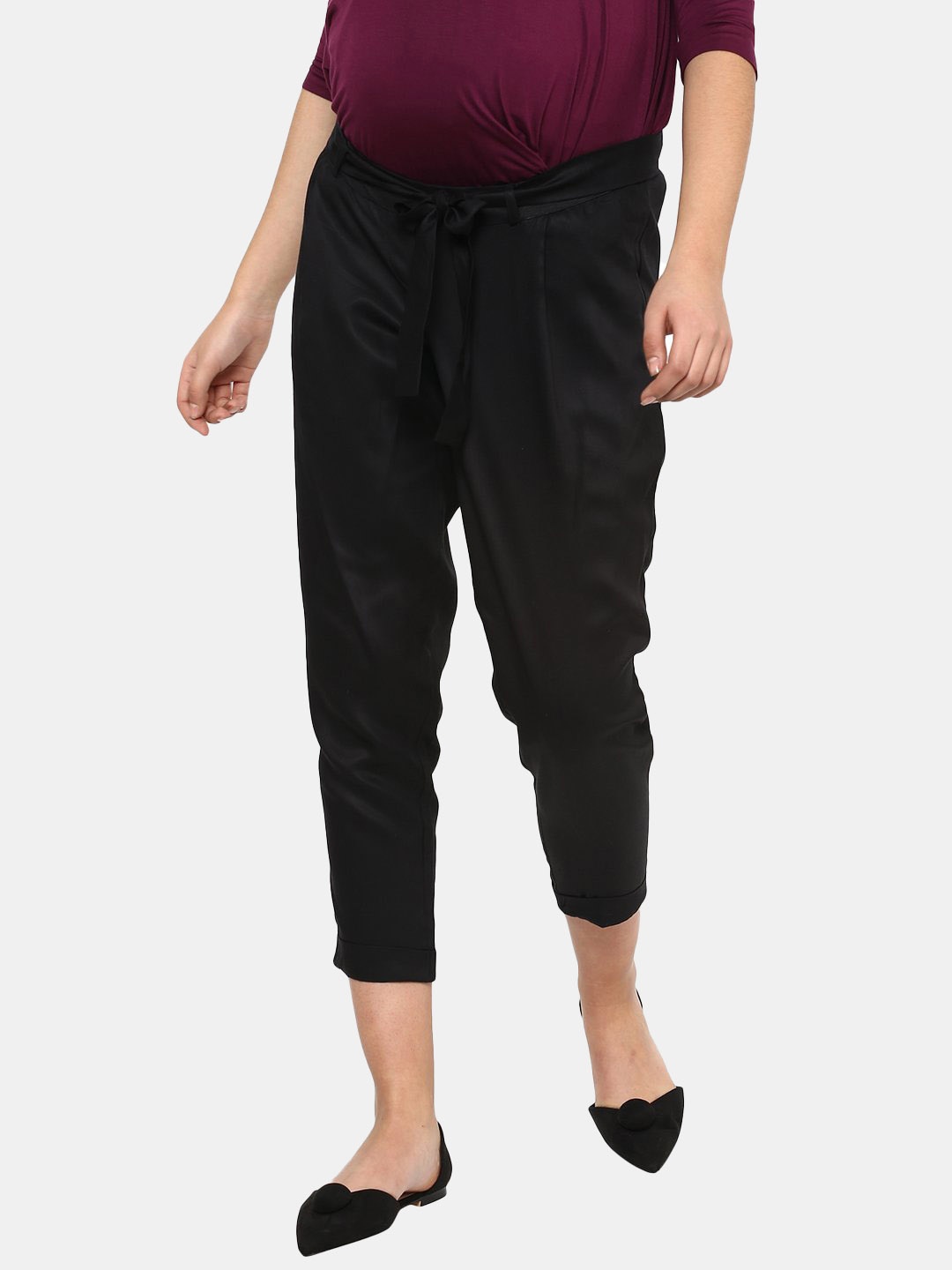 

Momsoon Maternity Women Black Relaxed Maternity Pleated Culottes Trousers