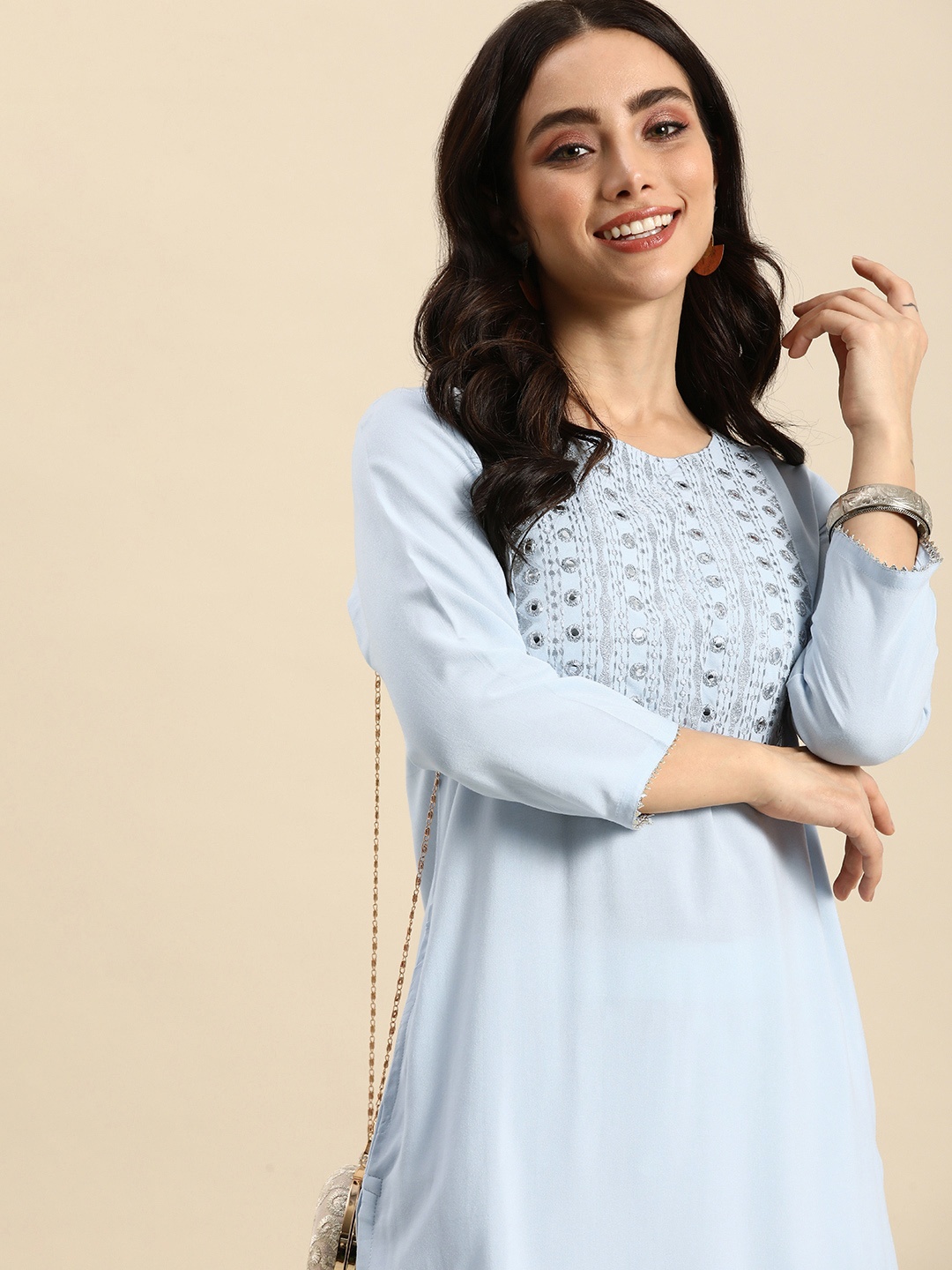 

Sangria Women Geometric Yoke Design Mirror Work Pastels Kurta, Blue