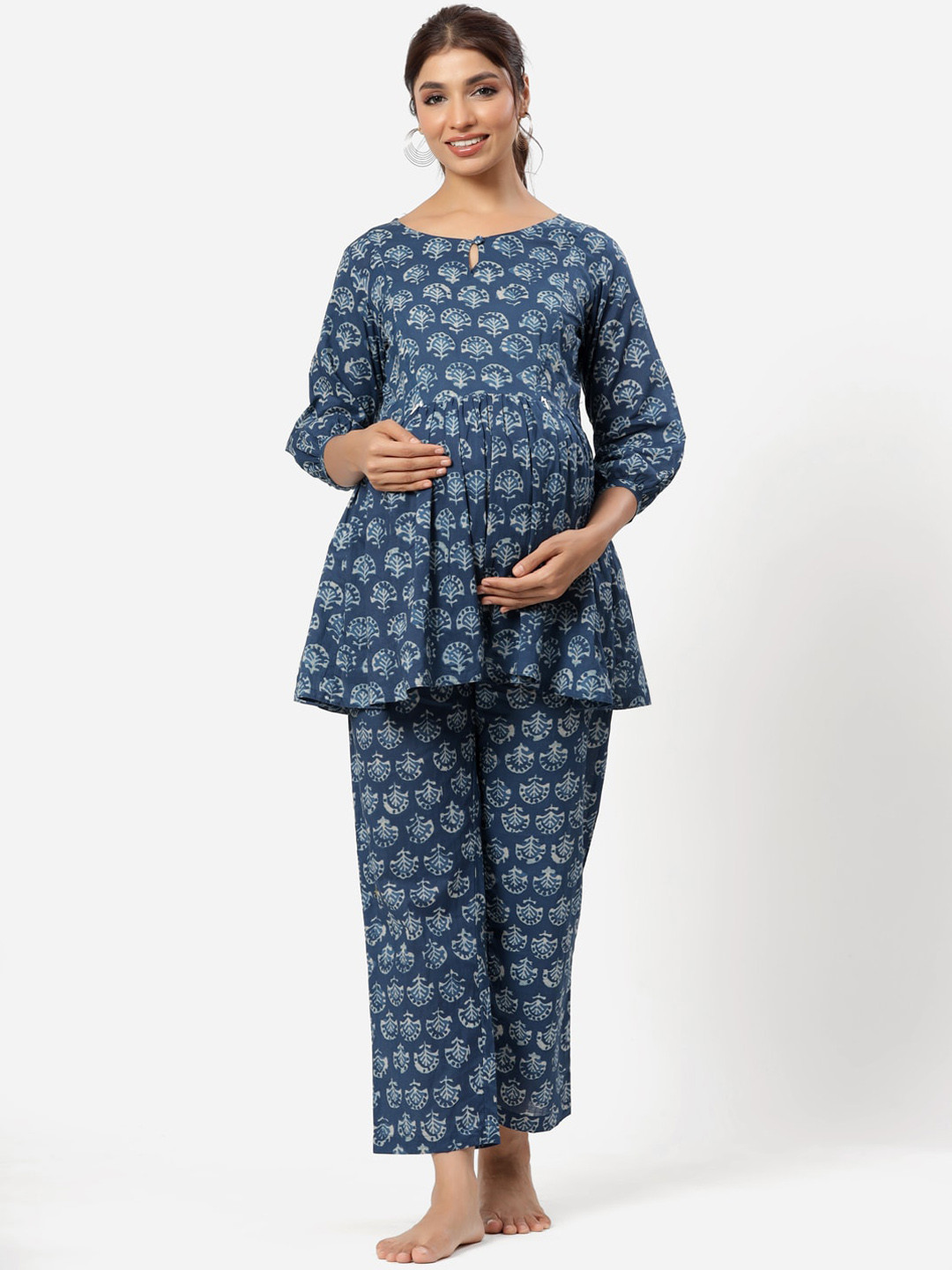 

Ikk Kudi by Seerat Women Ethnic Motifs Printed Maternity Pure Cotton Night suit, Blue