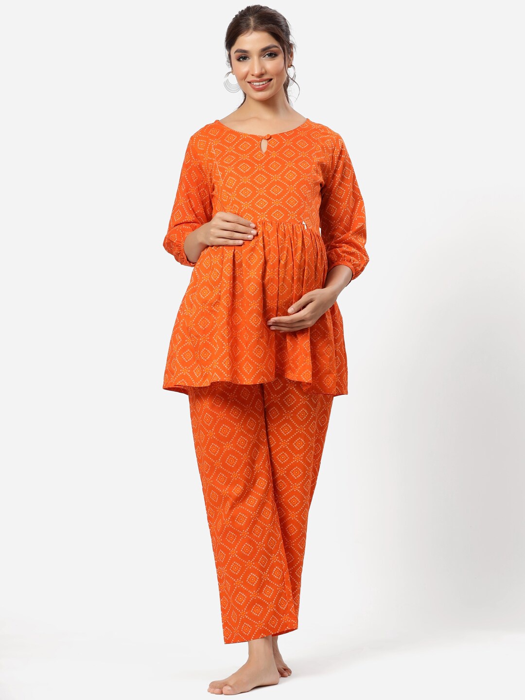 

Ikk Kudi by Seerat Women Ethnic Motifs Printed Maternity Pure Cotton Night suit, Orange