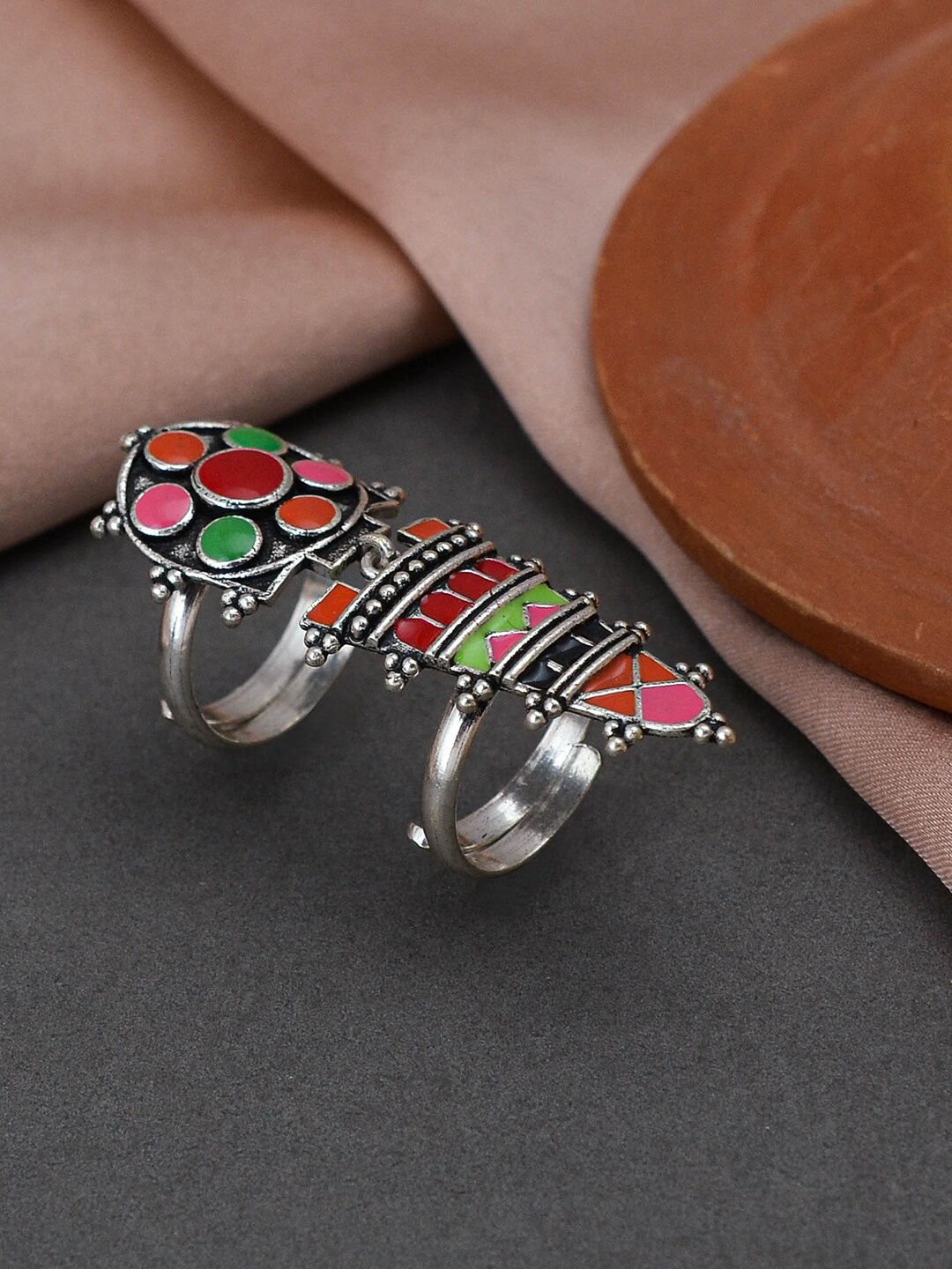 

Voylla Silver-Plated Beaded Enamel Long Finger Ring