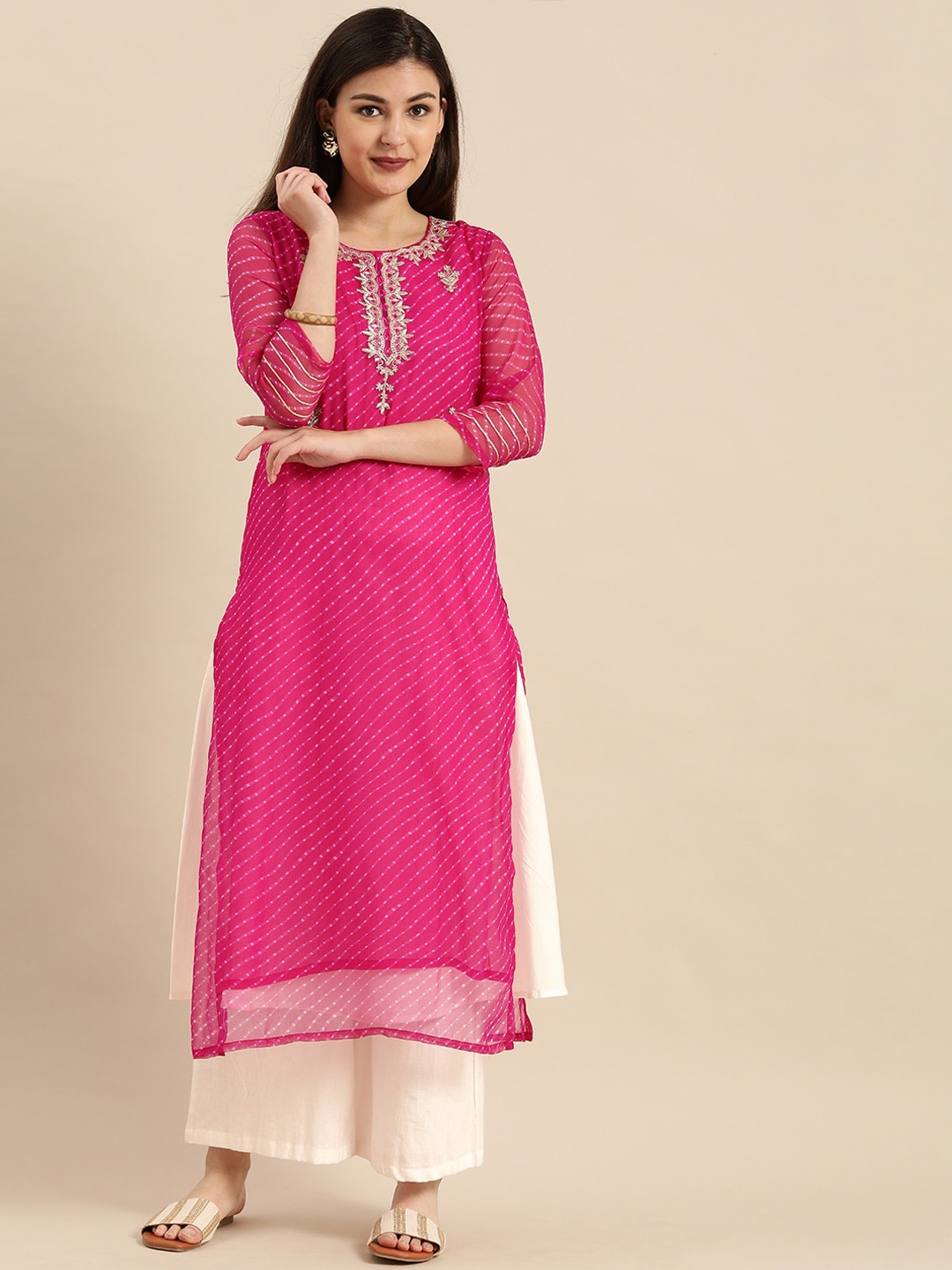 

Varanga Leheriya Thread Work Chiffon Kurta, Pink