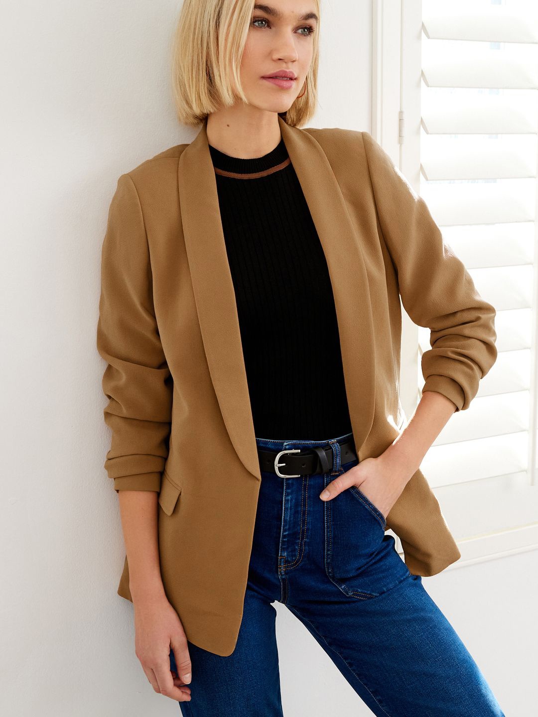 

NEXT Women Textured Front-Open Blazer, Mustard