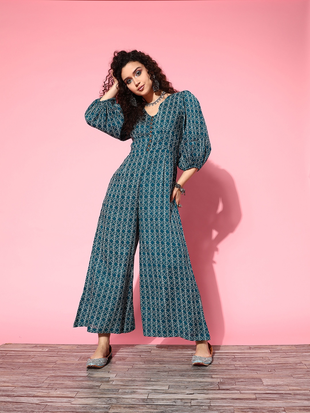 

Yufta Printed Cotton Culotte Jumpsuit, Teal