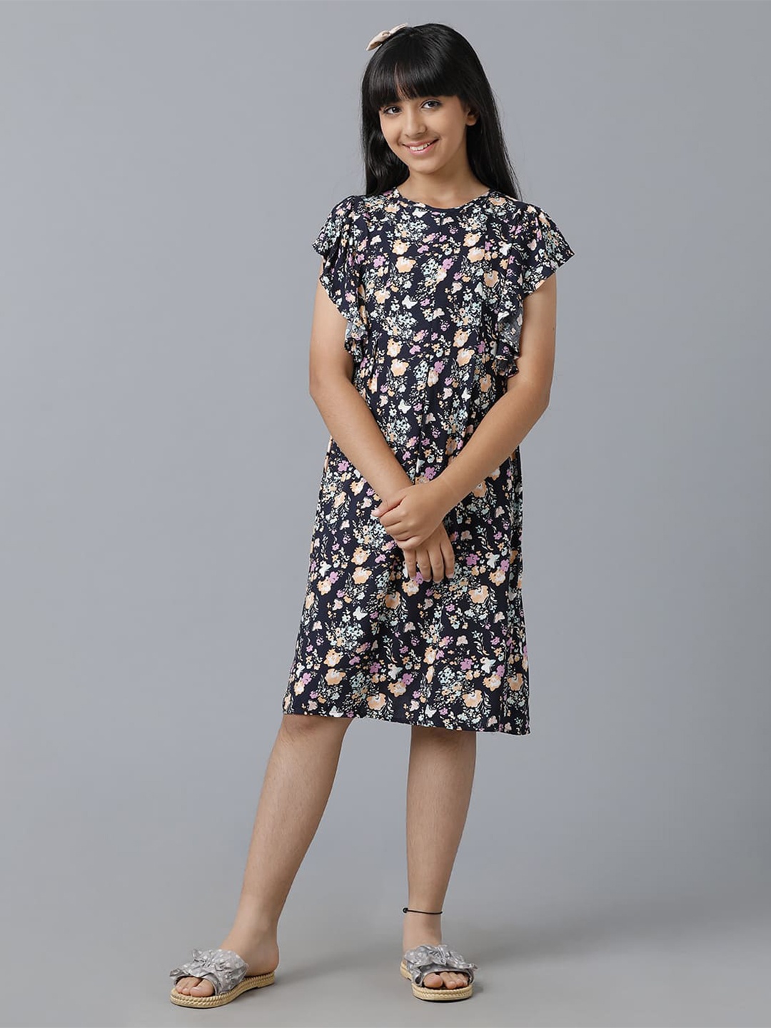 

UNDER FOURTEEN ONLY Girls Floral Printed A-Line Dress, Black