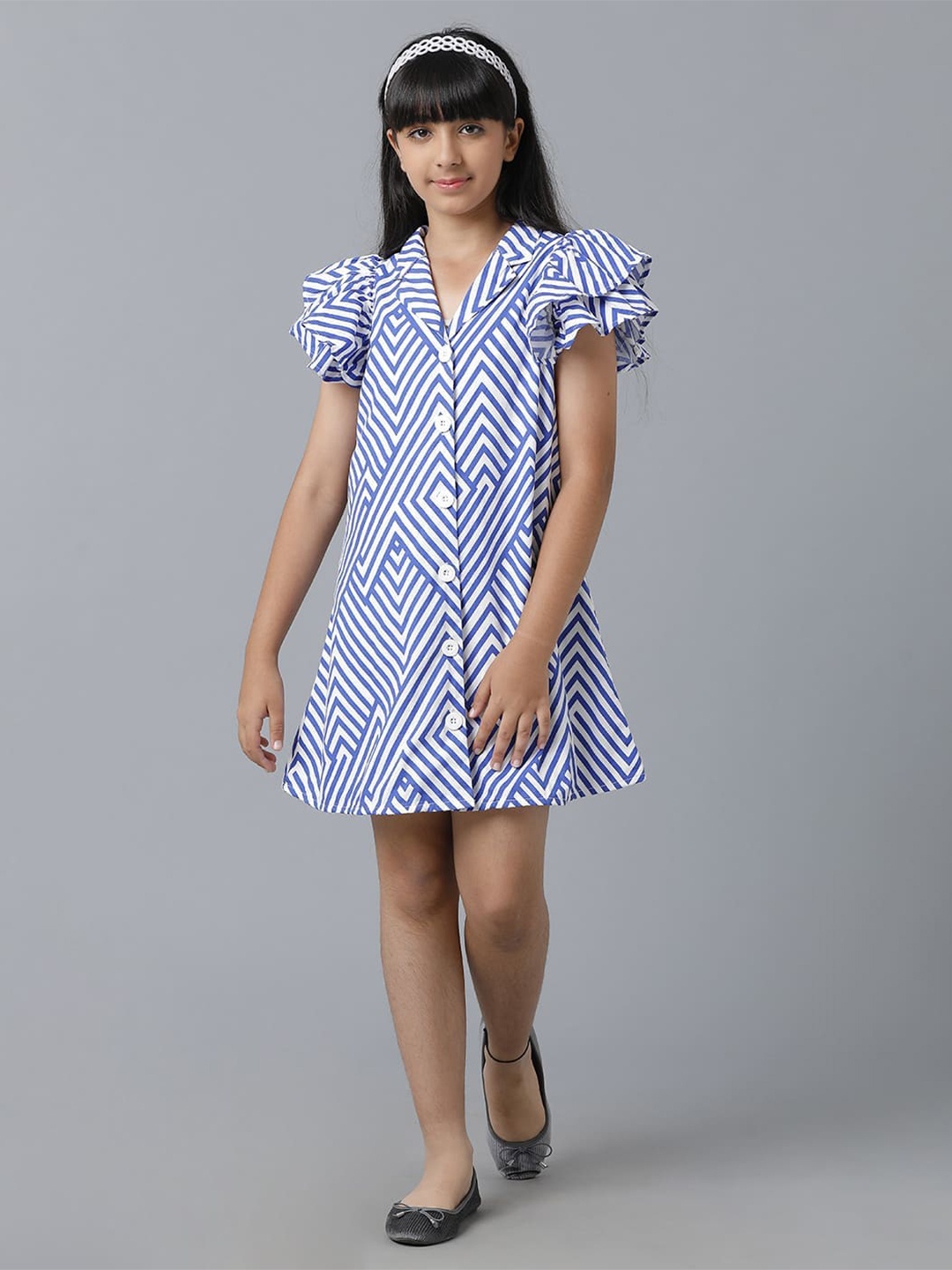 

UNDER FOURTEEN ONLY Girls Geometric Printed Cotton Shirt Dress, Blue