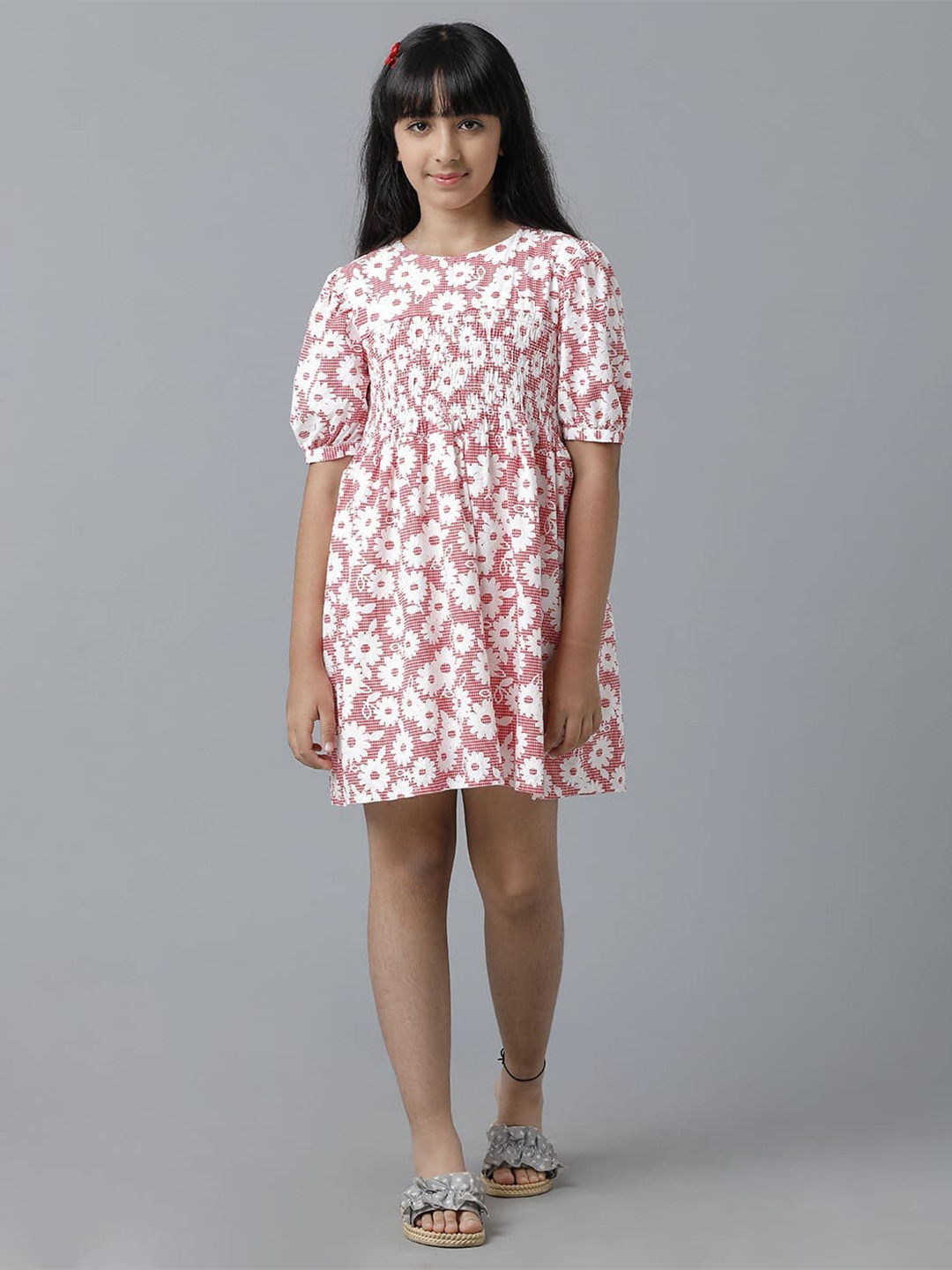 

UNDER FOURTEEN ONLY Girls Floral Printed Cotton A-Line Dress, Red