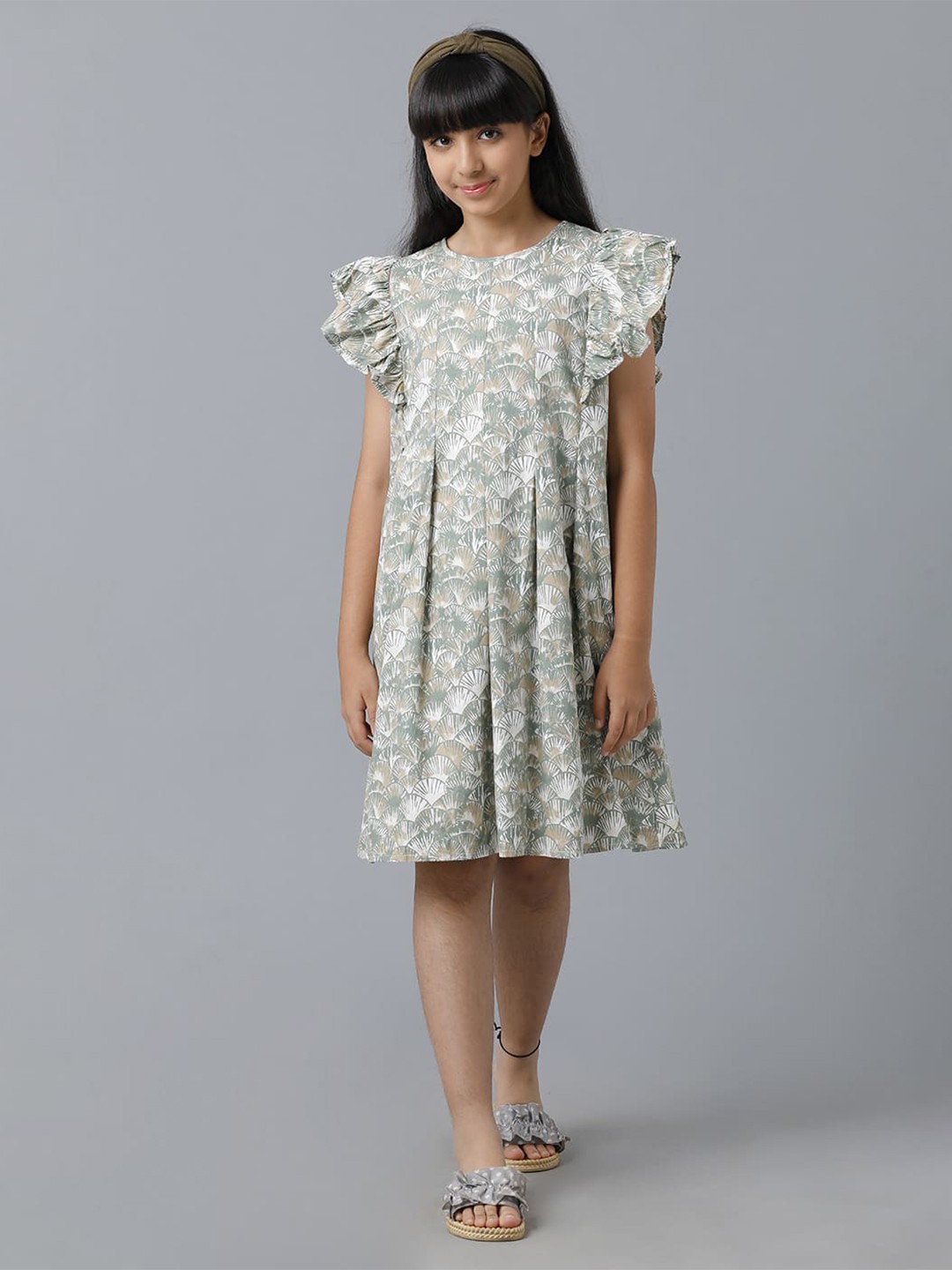 

UNDER FOURTEEN ONLY Girls Printed Cotton Round Neck A-Line Dress, Grey