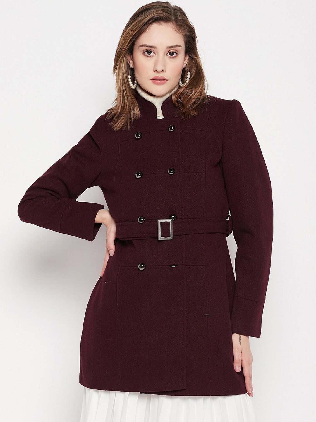 

Okane Women Double-Breasted Wool Overcoats, Burgundy