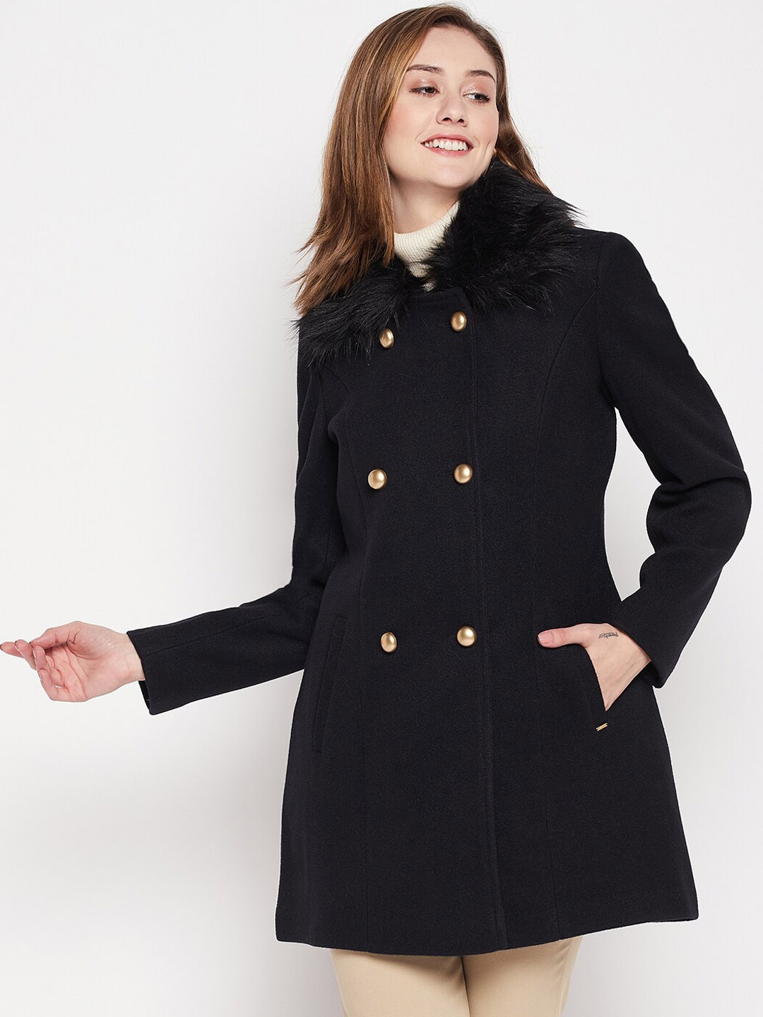 

Okane Women Double-Breasted Over Coat, Navy blue