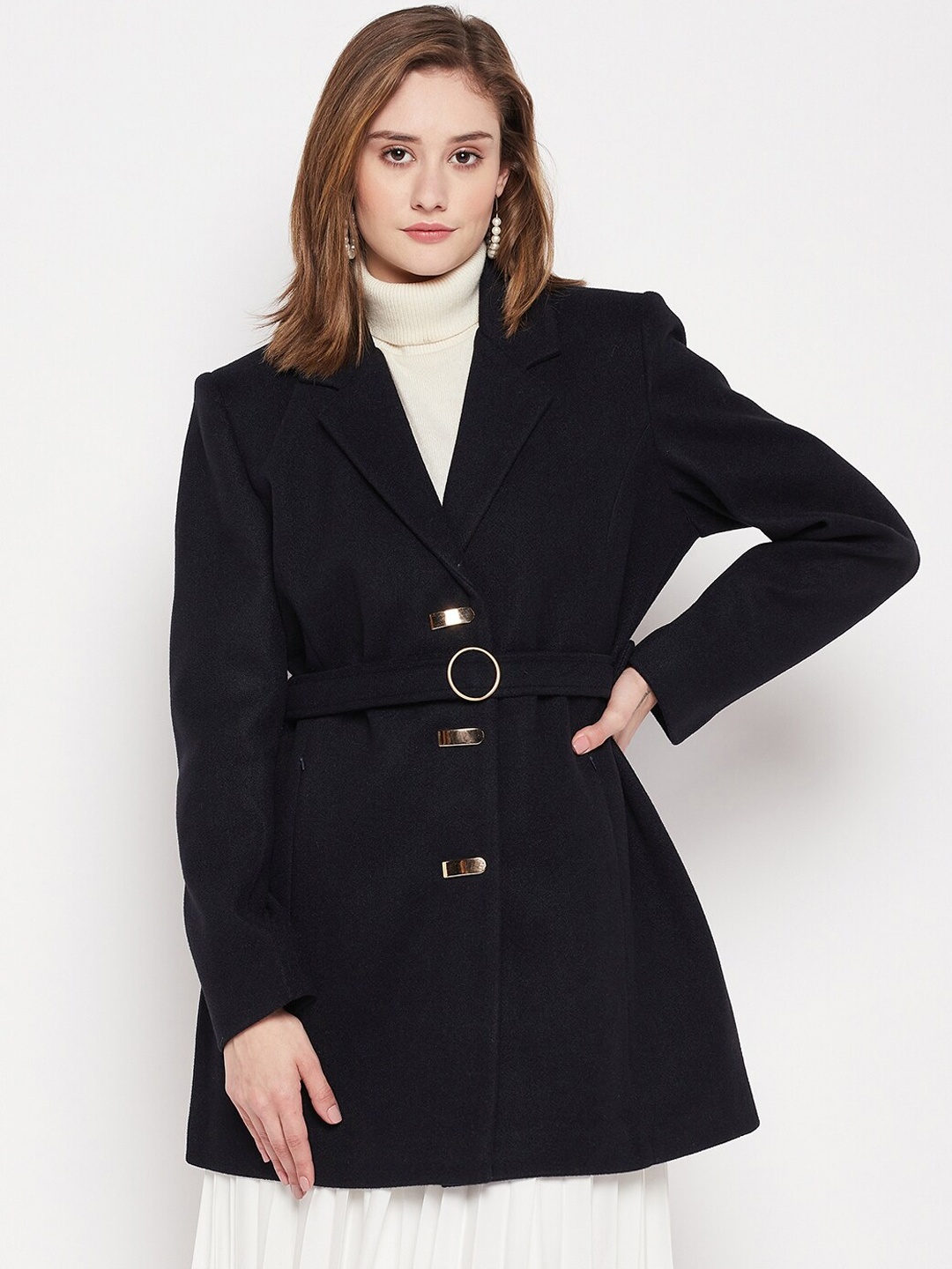 

Okane Women Single-Breasted Coat With Belt, Navy blue