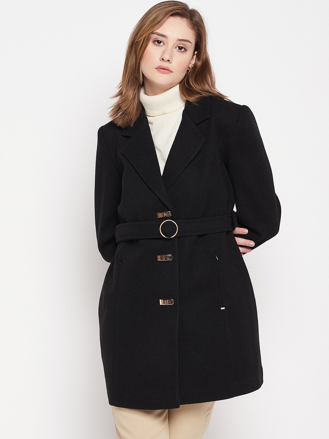 

Okane Women Notched Lapel Collar Tweed Overcoats, Black