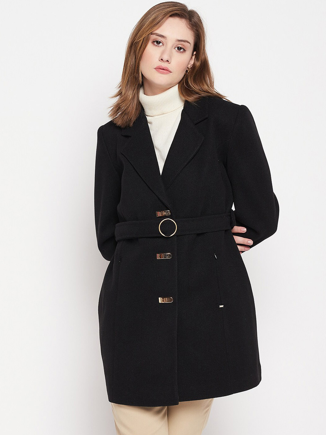 

Okane Women Tweed Notched Lapel Single-Breasted Overcoat, Black