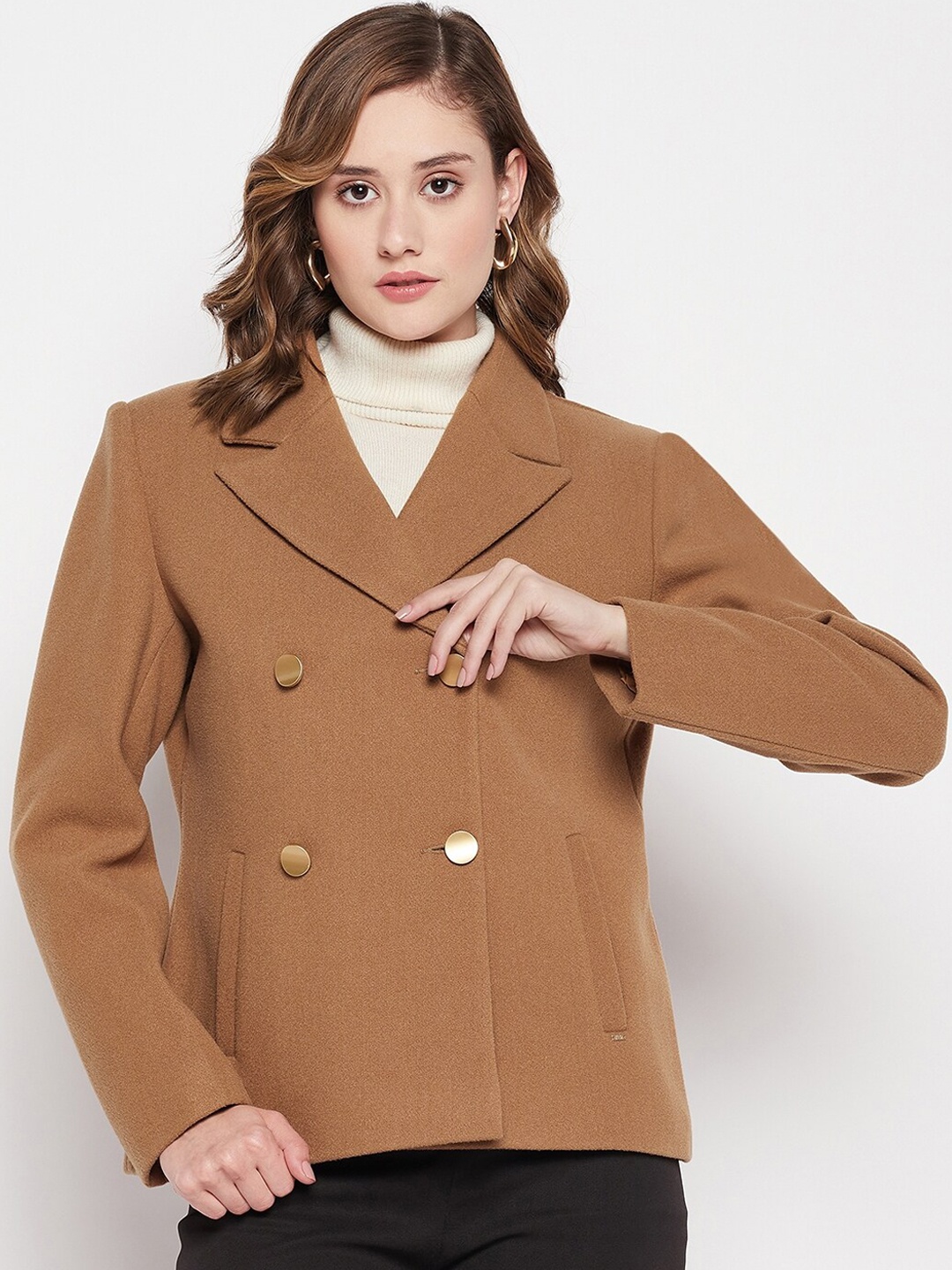 

Okane Women Double Breasted Wool Over Coat, Camel brown