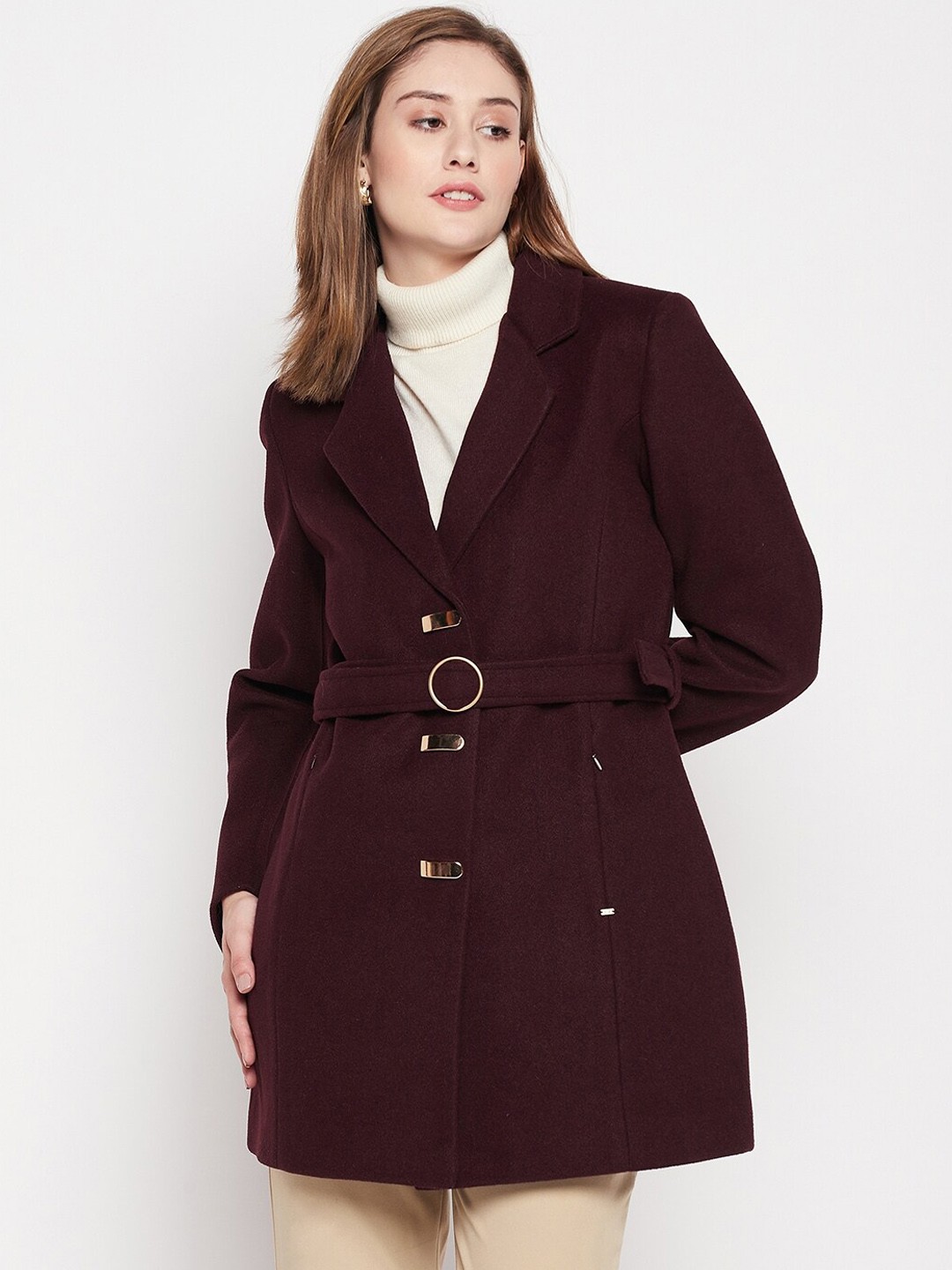 

Okane Women Tweed Notched Lapel Single-Breasted Overcoat, Maroon