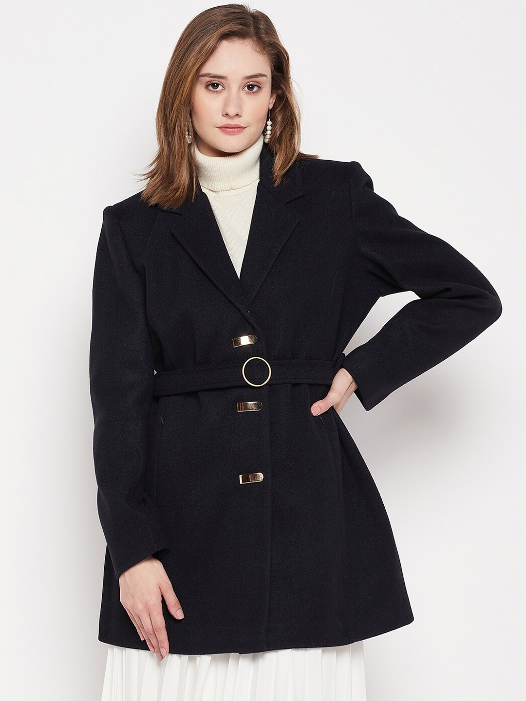 

Okane Women Tweed Notched Lapel Single-Breasted Overcoat, Navy blue