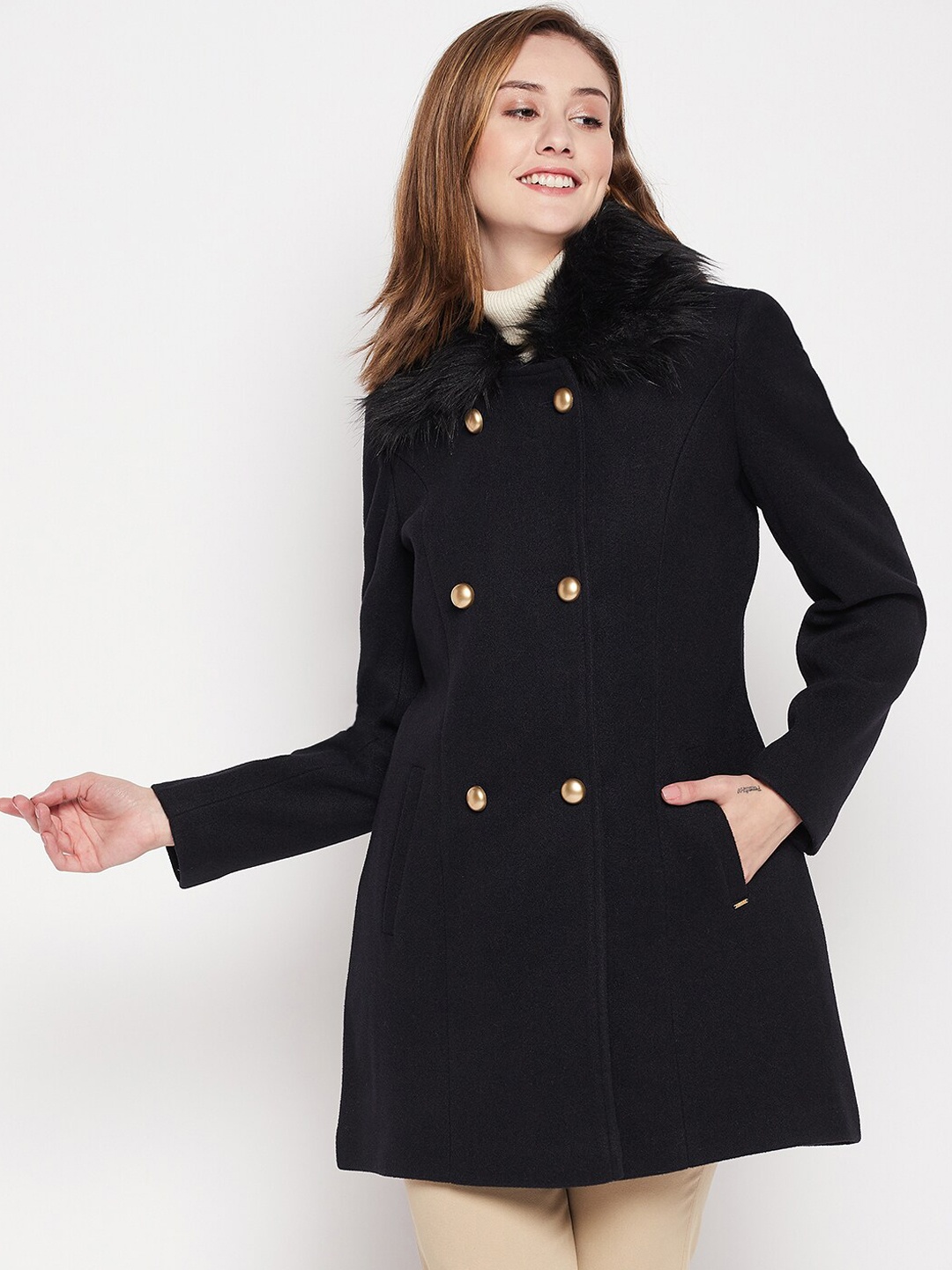 

Okane Women Double Breasted Spread Collar Tweed Parka Coats, Navy blue