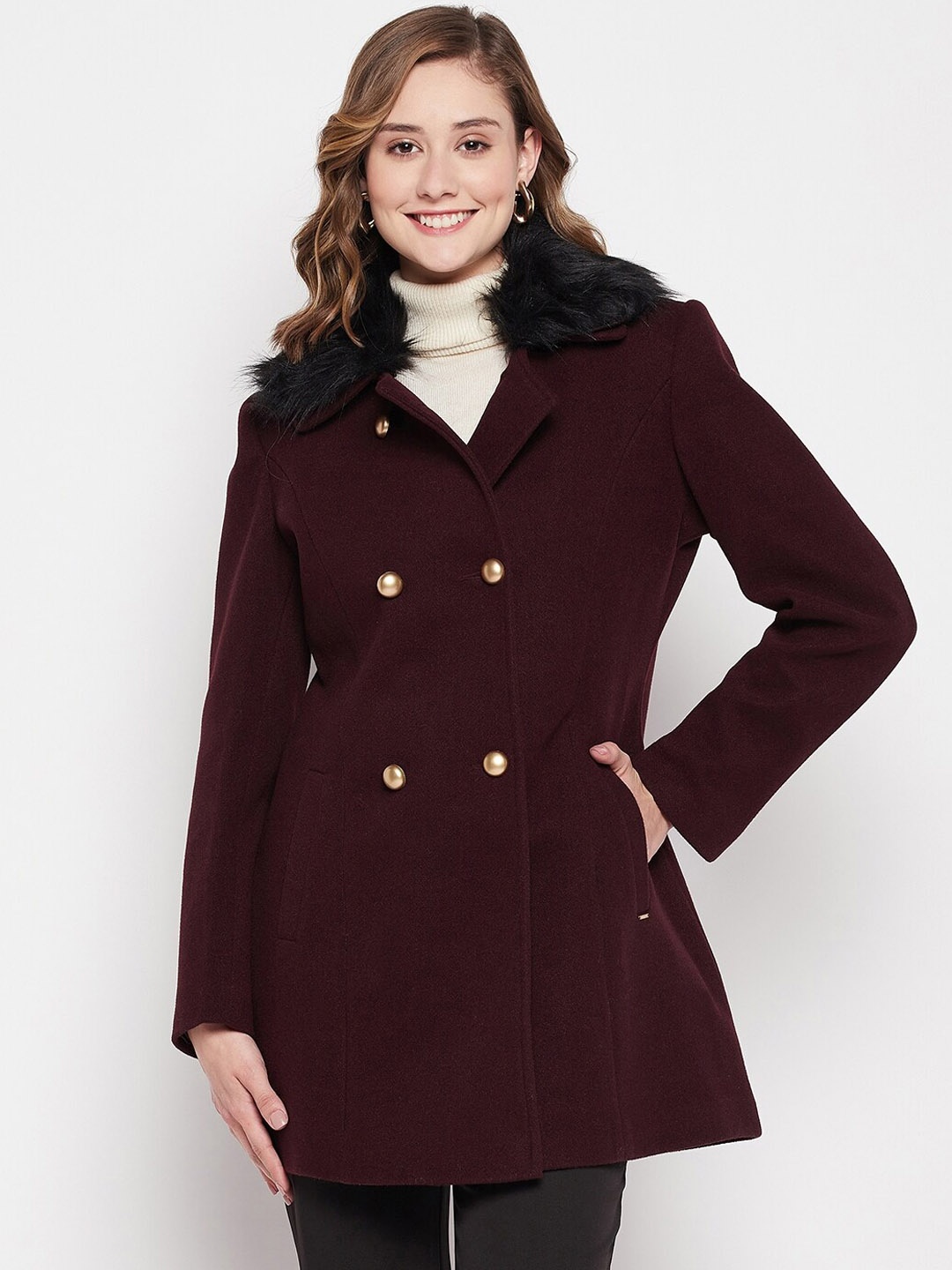 

Okane Women Tweed Notched Lapel Double-Breasted Overcoat, Burgundy