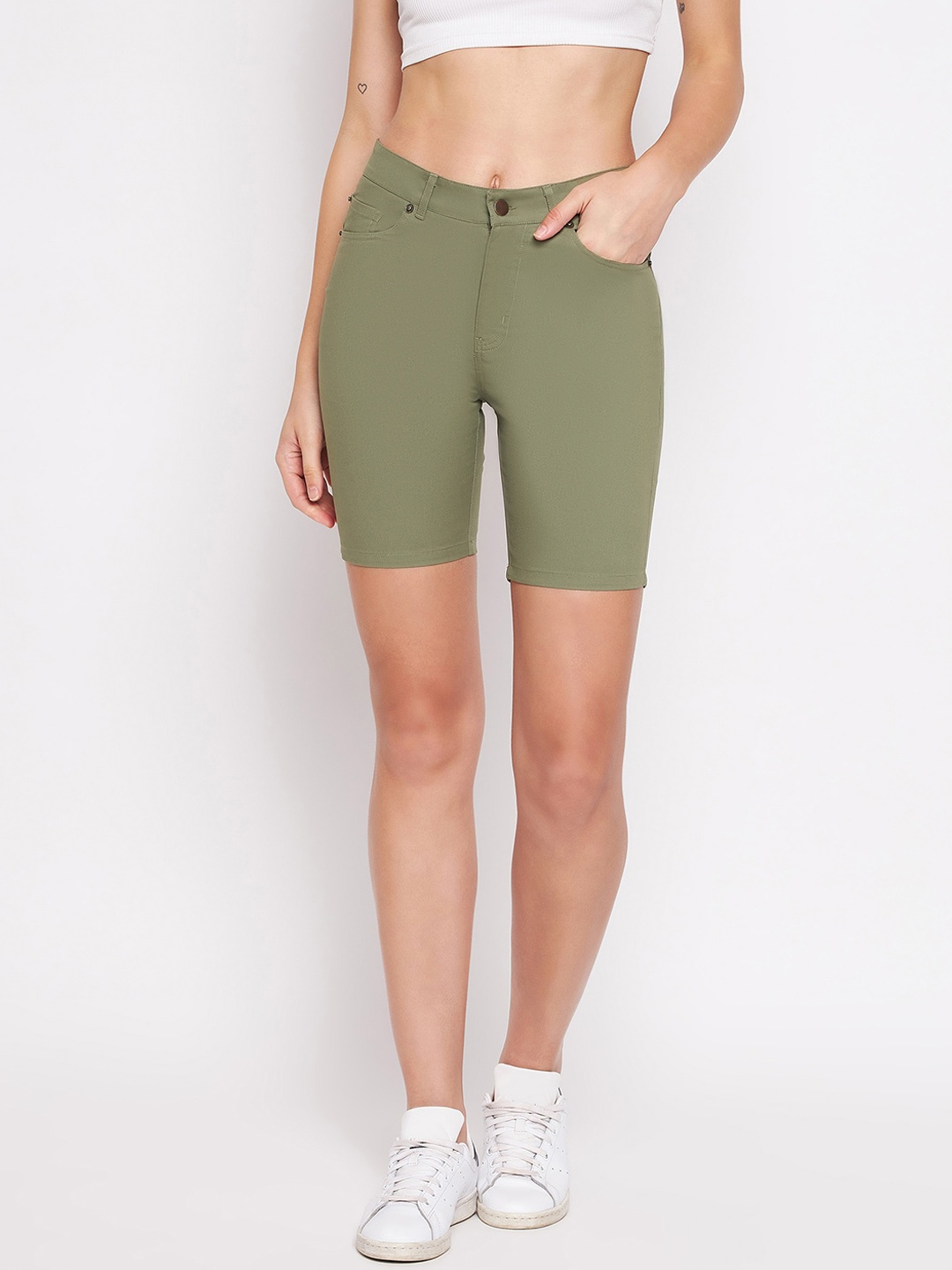 

Hypernation Women Slim Fit High-Rise Shorts, Green
