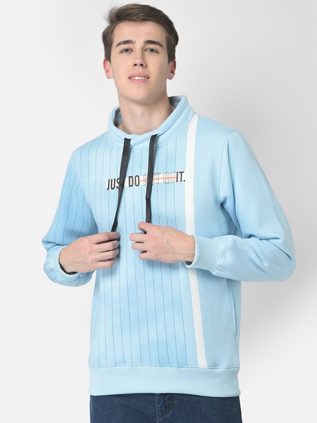 

COBB Men Printed Striped Cotton Hooded Sweatshirt, Blue