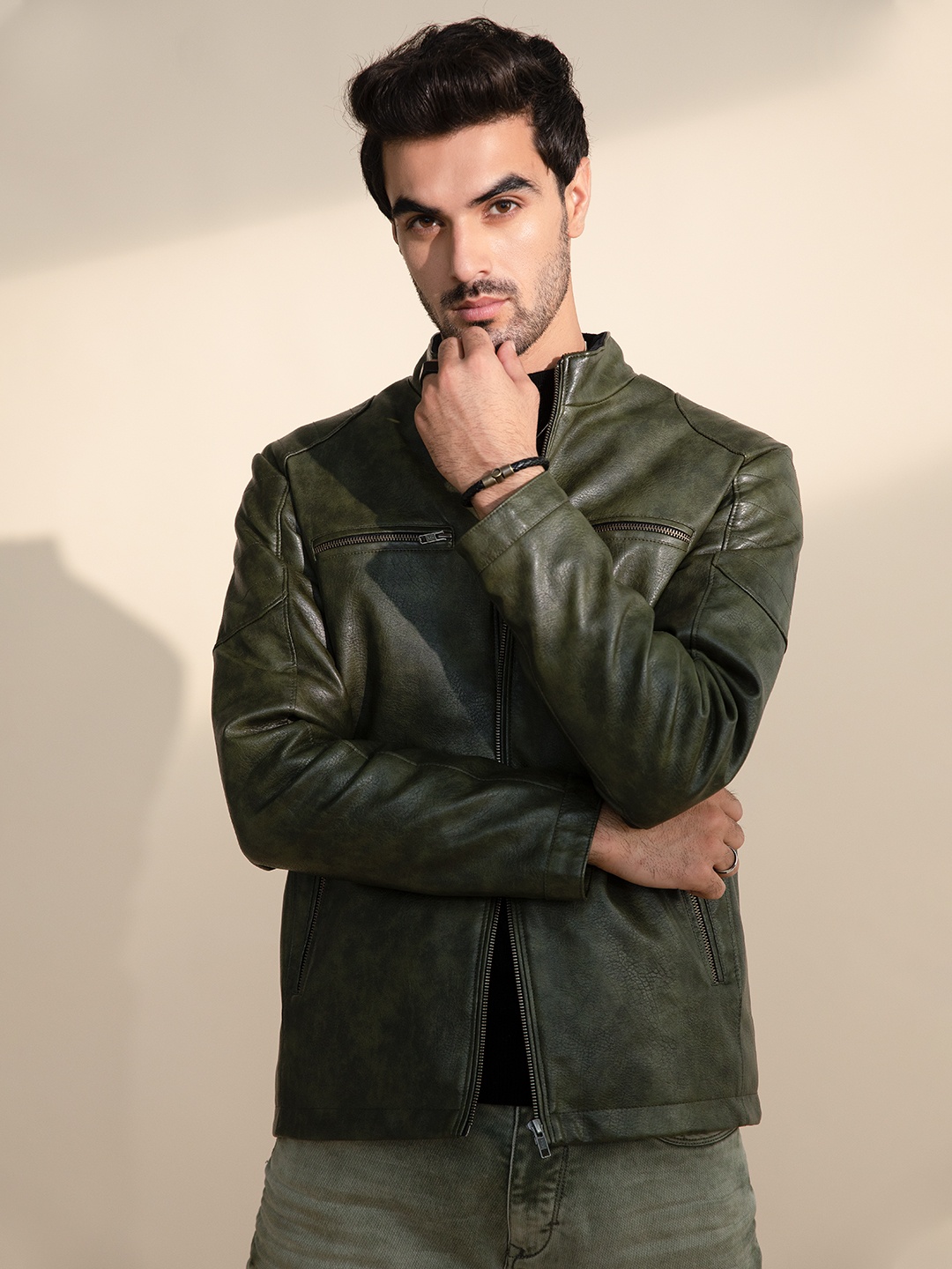 

Crimsoune Club Men Faux Leather Jacket, Olive