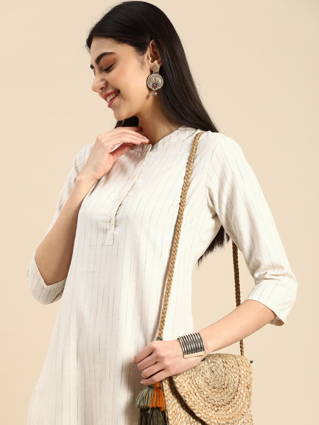 

Anouk Woven Design Striped Mandarin Collar Straight Kurta, White