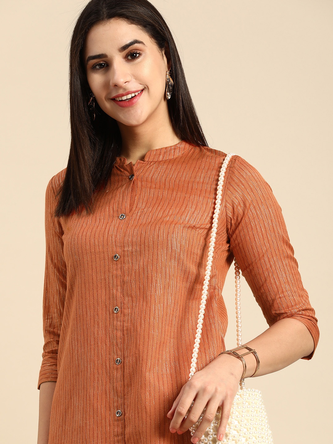

Anouk Woven Design Striped Mandarin Collar Straight Kurta, Orange
