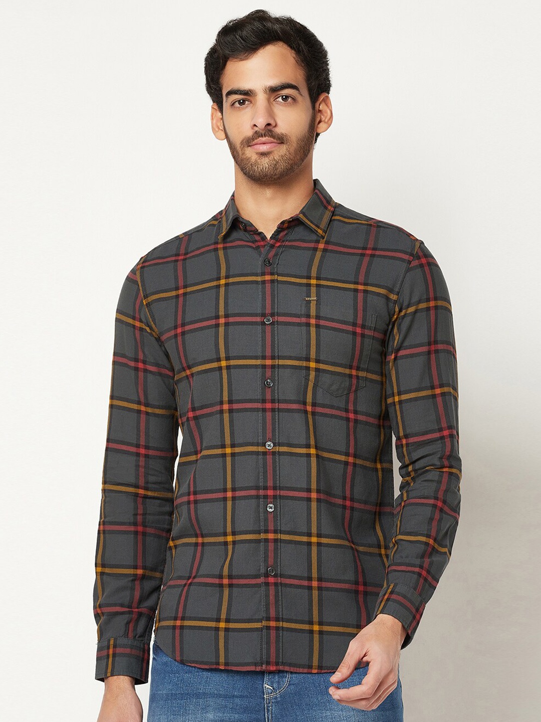 

Blue Buddha Men Checked Cotton Casual Shirt, Grey