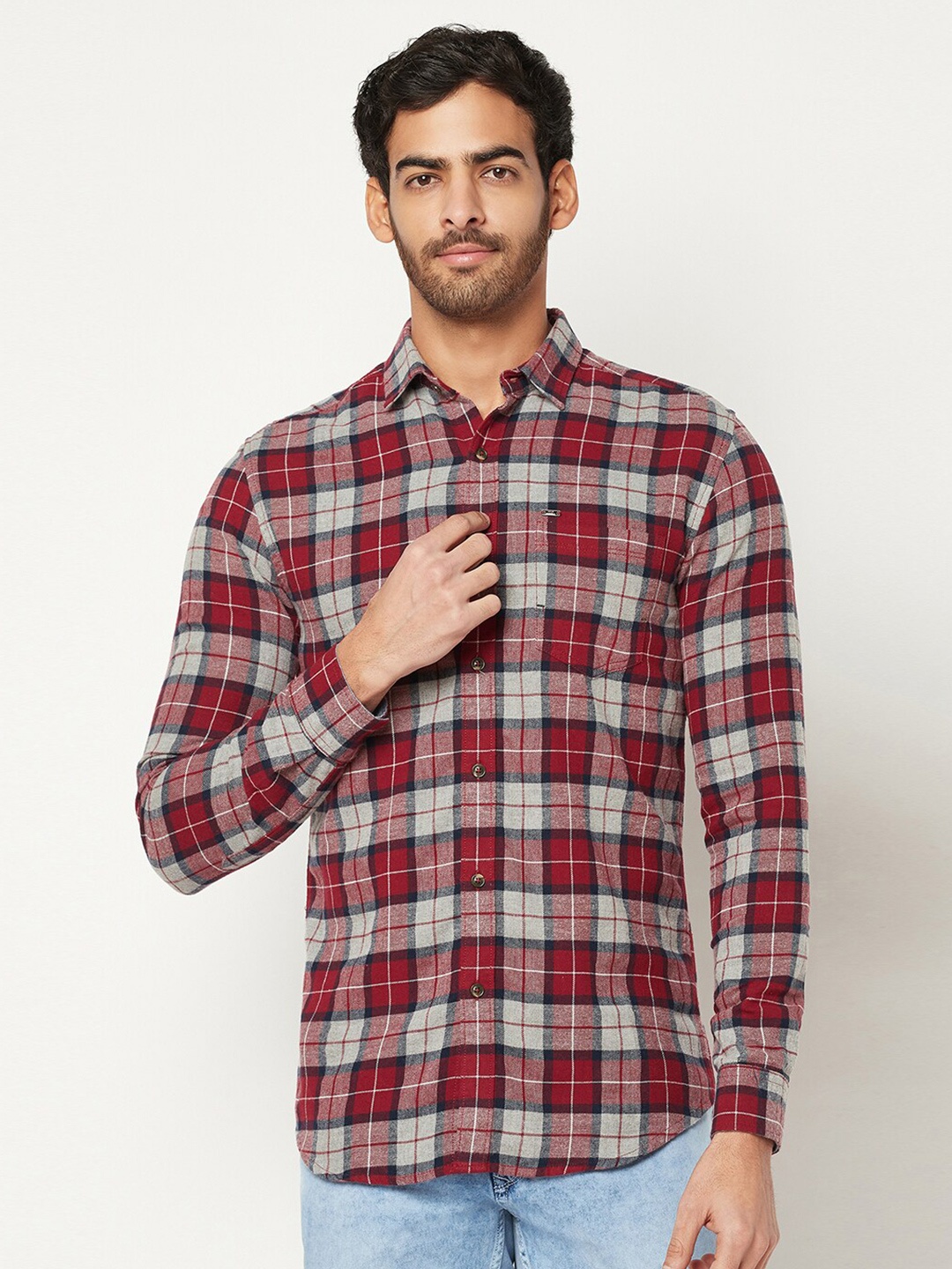 

Blue Buddha Men Tartan Checks Checked Cotton Casual Shirt, Maroon