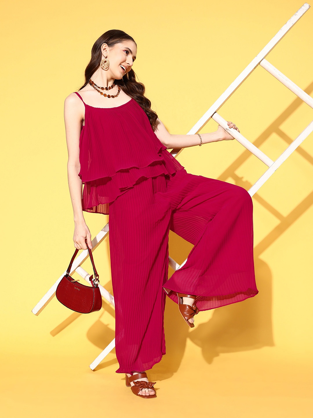 

RAJGRANTH Women Solid Ruffles Top With Palazzos, Pink
