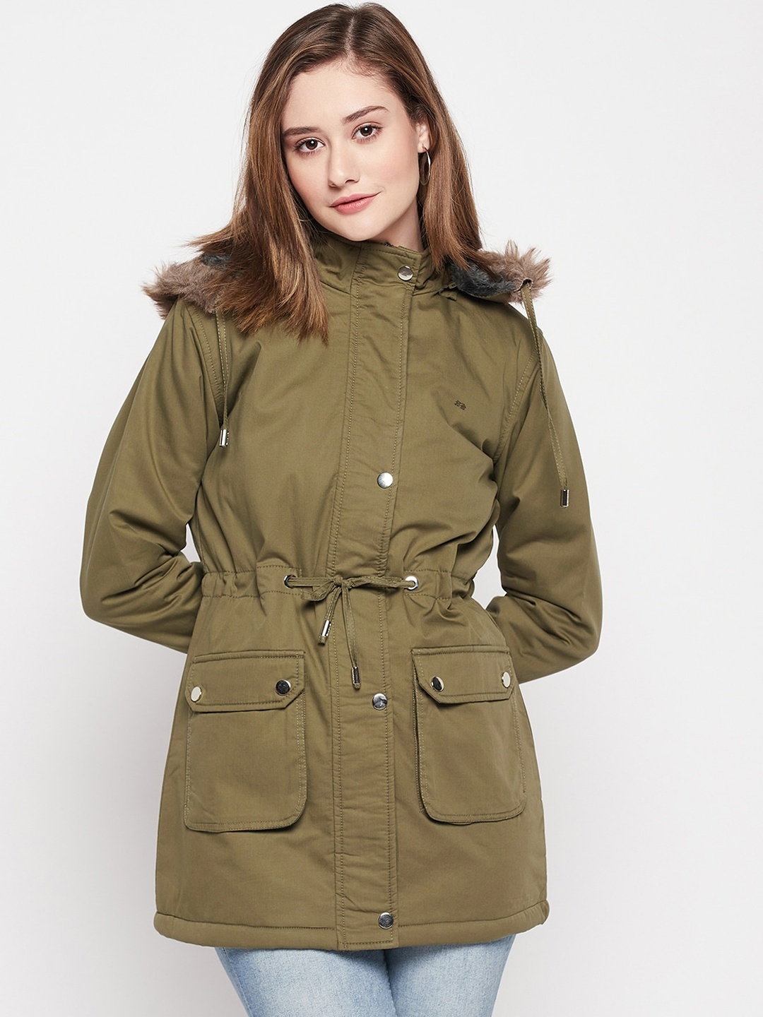 

Okane Women Hooded Cotton Lightweight Longline Parka Jacket, Olive