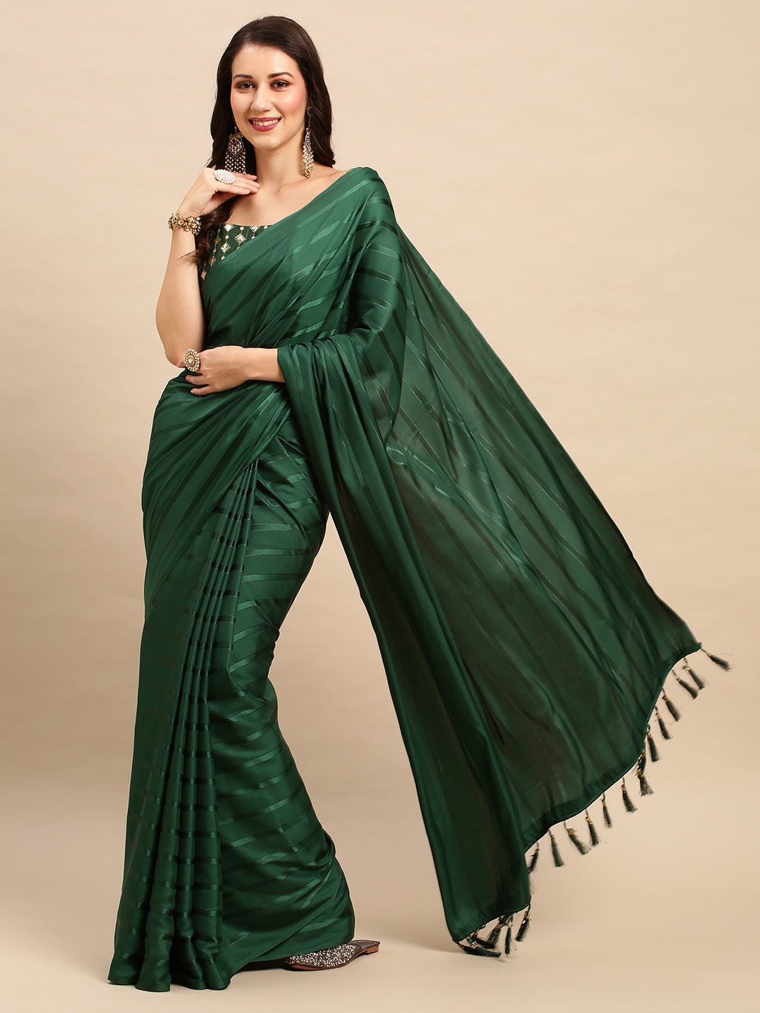 

Anouk Striped Satin Saree With Matching Blouse, Green
