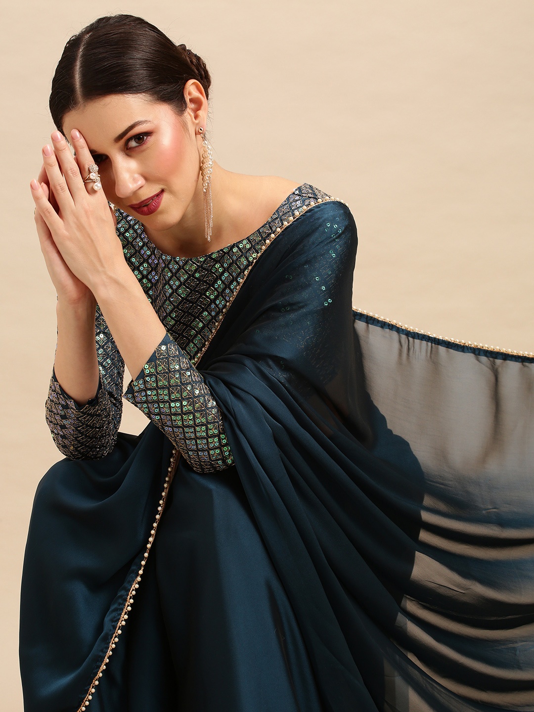 

Anouk Sequinned Pure Georgette Saree, Teal