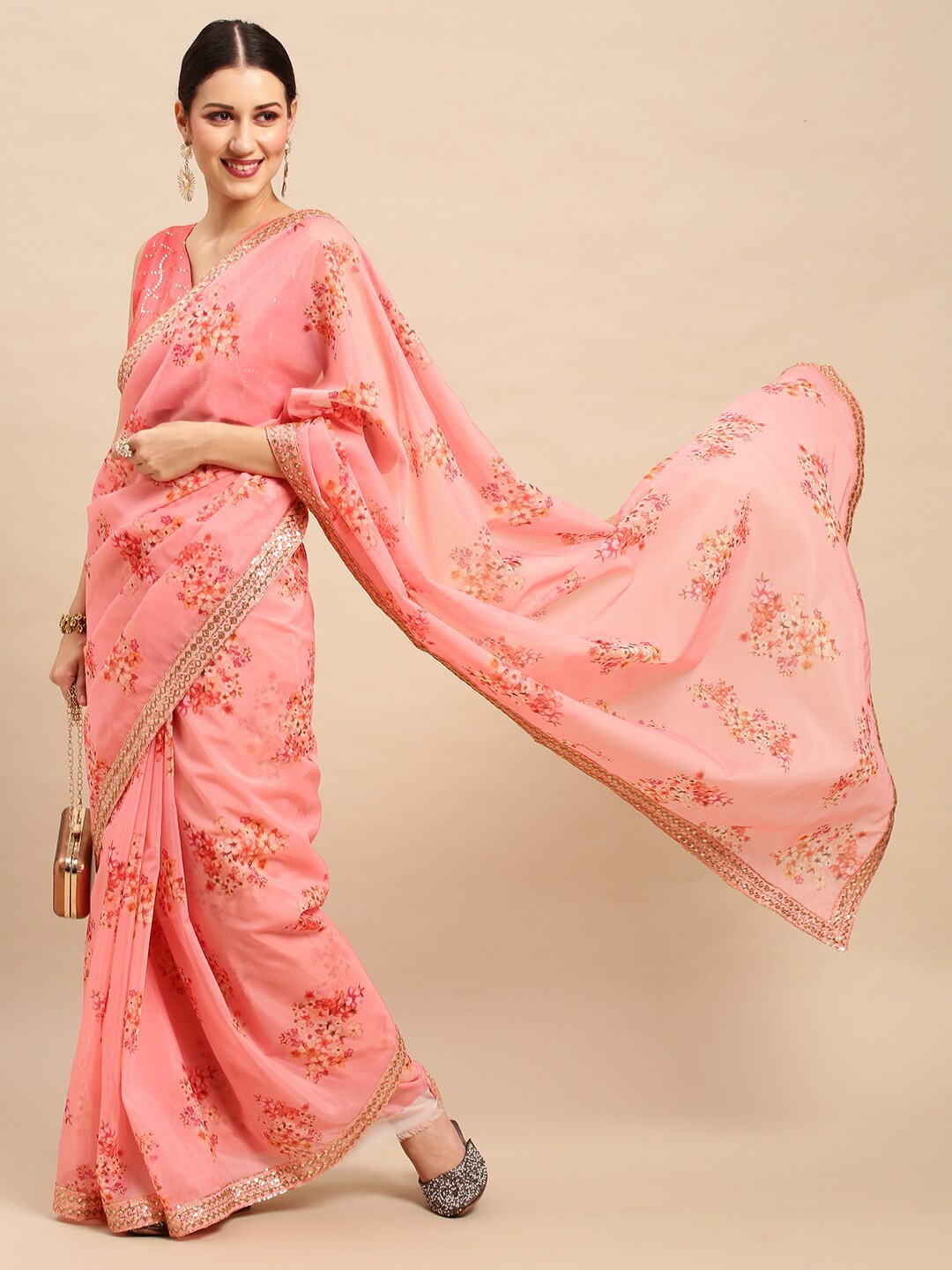 

Anouk Floral Sequinned Organza Banarasi Saree, Pink