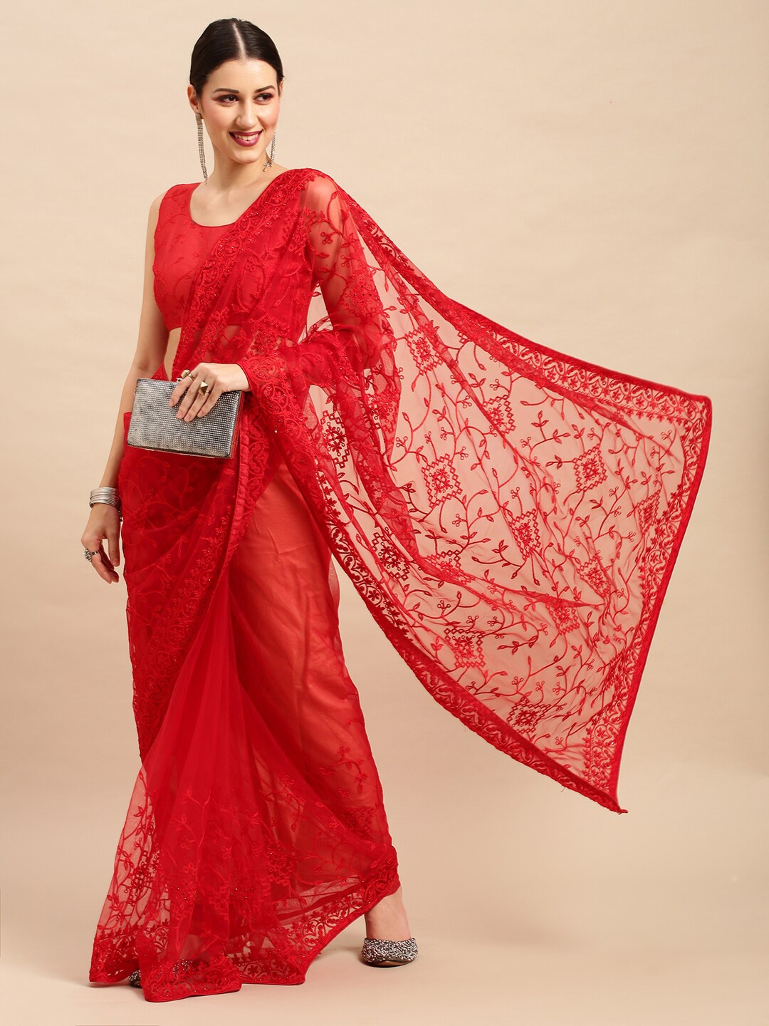 

Anouk Floral Embroidered Net Saree, Red