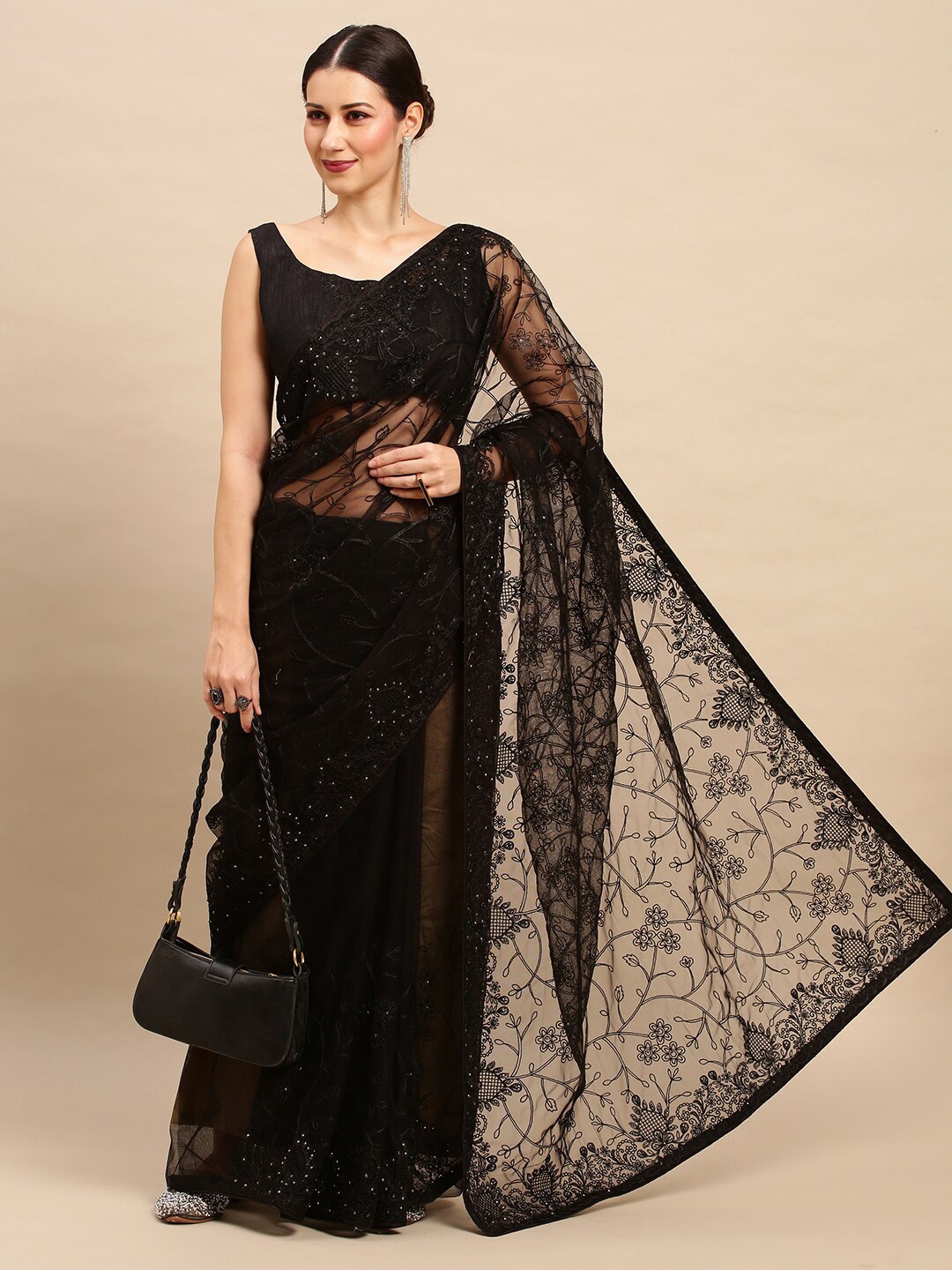 

Anouk Black Floral Embroidered Net Saree