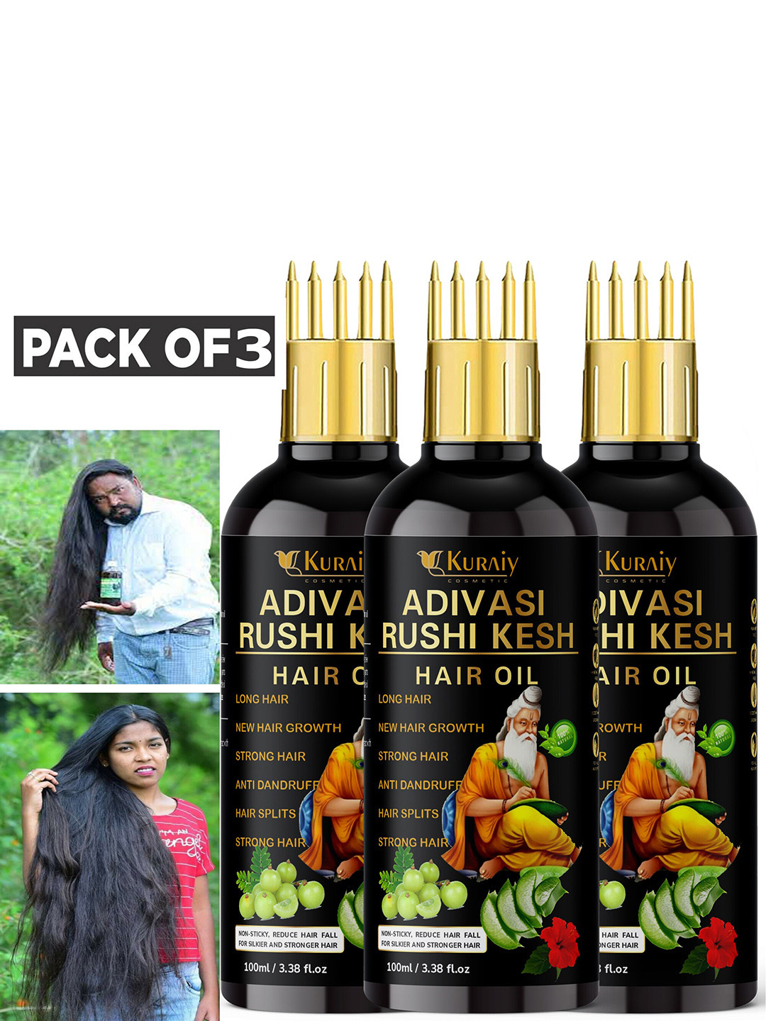 

KURAIY Set of 3 Adivasi Rushi Kesh Hair Oil for Long Hair - 100 ml Each, Black